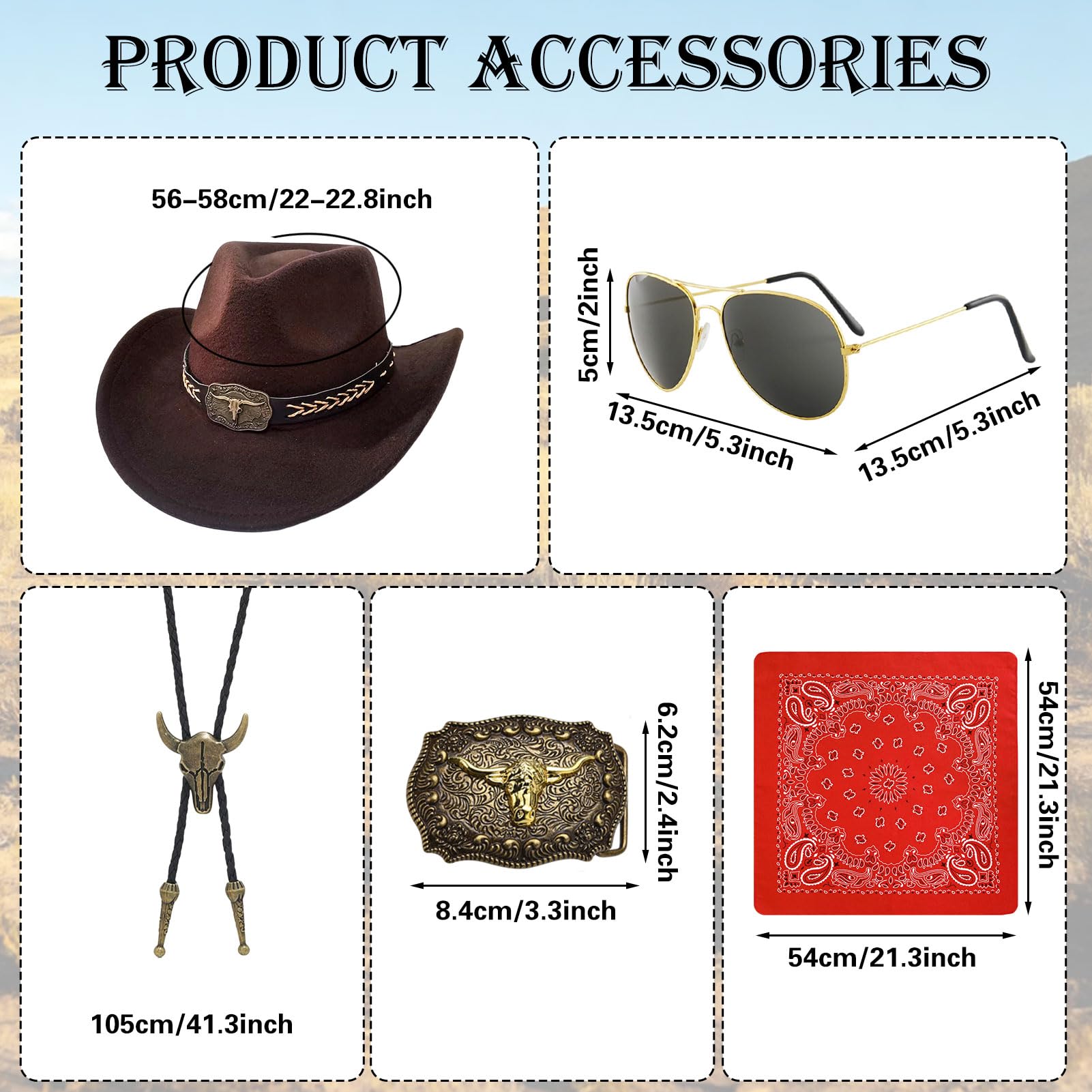 GEMAKA 6Pcs Cowboy Outfits Mens Fancy Dress Accessory Set Western Costume with Hat Tasseled Vest Paisley Bandanna Western Bolo Buckle Belts for Halloween Cosplay (Medium) - Image 2