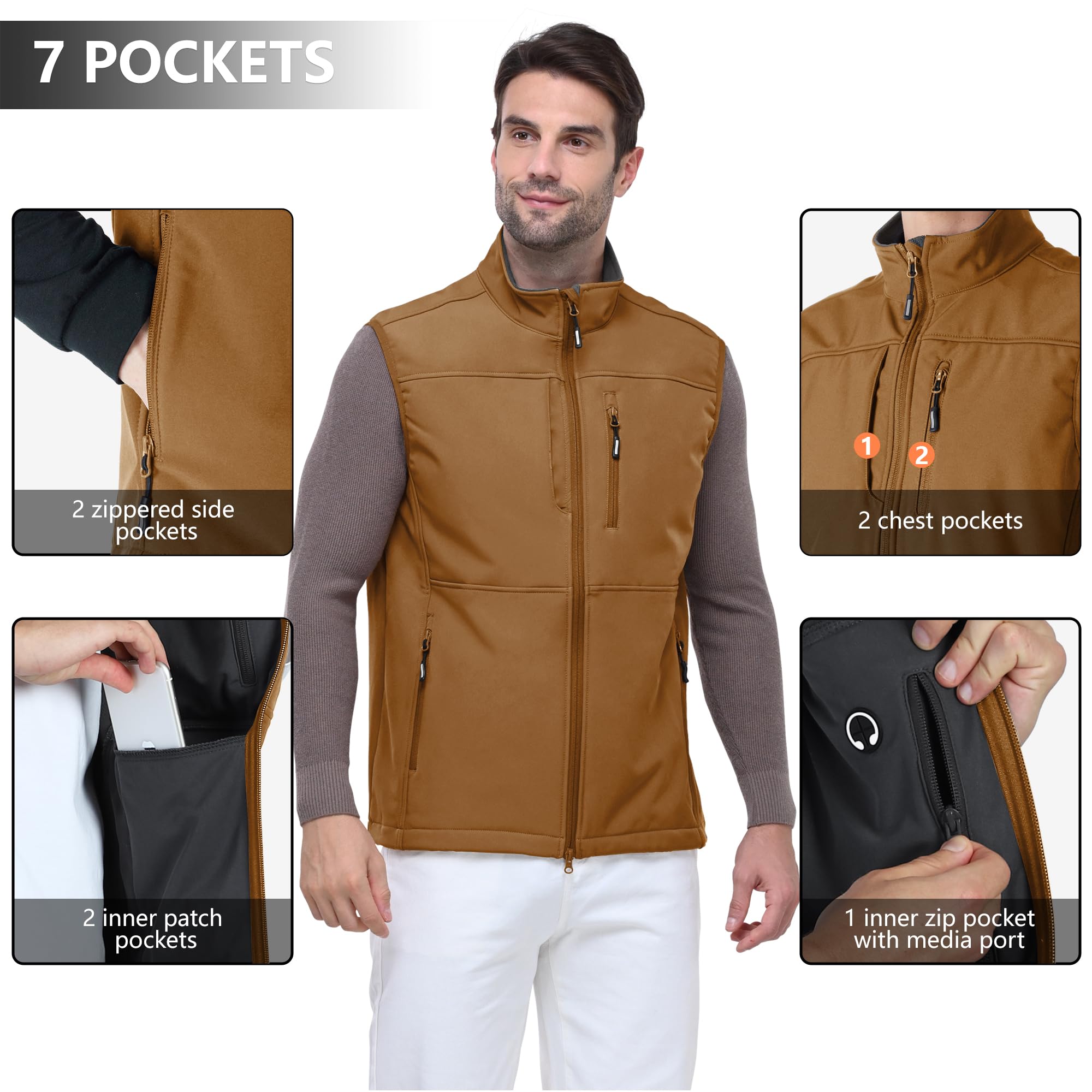 Outdoor Ventures Gilet softshell pour homme, imperméable, coupe-vent, sans manches, sportif, plusieurs poches, body chaud, gilet softshell pour homme