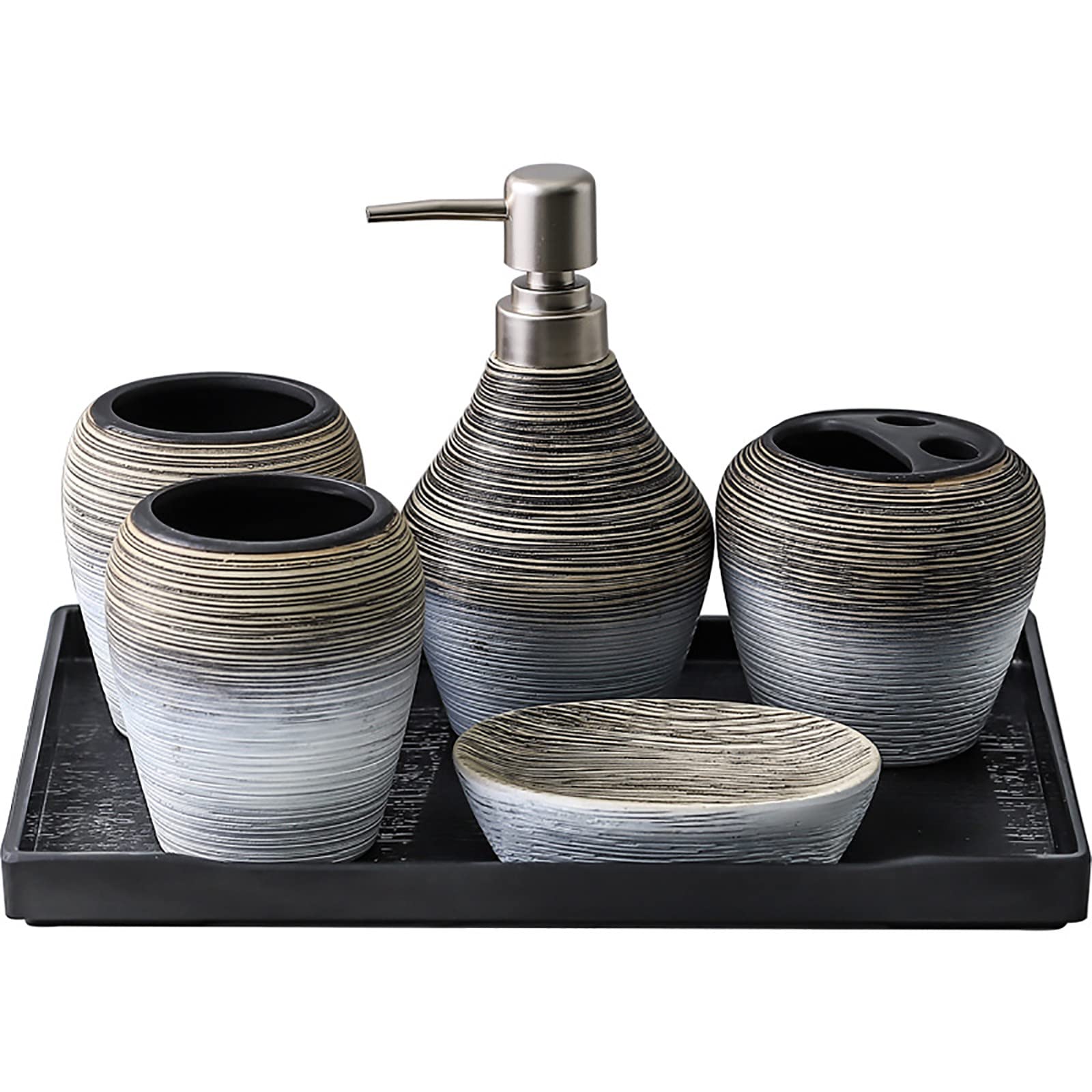 Juegos de Accesorios de baño, Acesorios Cuartos de Baño 5 Piezas con Dispensador Jabon Baño, Jabonera Baño, Porta Cepillo de Dientes, Bandeja, para Champú Gel de Ducha Cerámica Cepillado