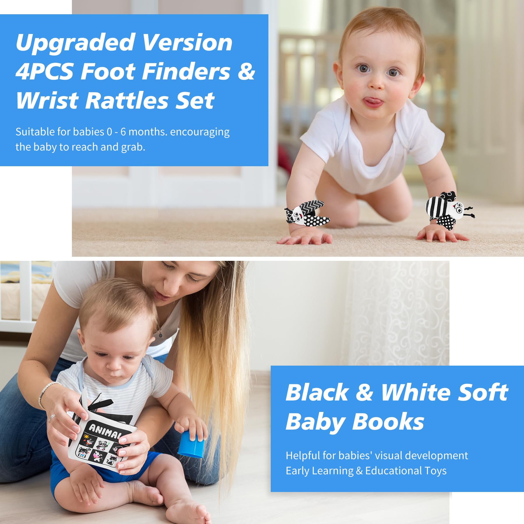 Zendstanding Baby Toys 0-6 Months, 4PCS Foot Finders & Wrist Rattles for Infants Toys Black and White Sensory Toys Baby Essentials for Newborn Wrist Rattle Baby Gifts (Wrist Rattles+Books)