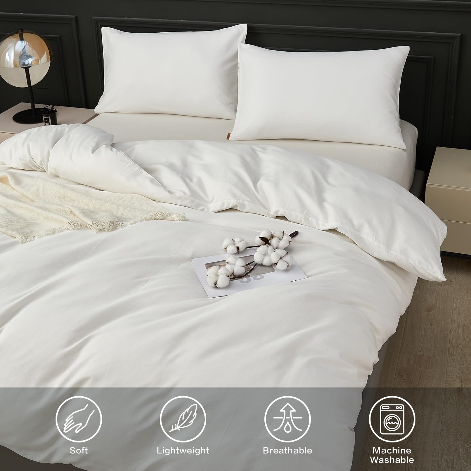 SAPHREAS White Duvet Cover Set 100% Cotton Double Size 3Pcs 8 Corner Ties Simple style Plain Bedding Soft Comforter Cover Set 1 Duvet Cover with Zipper 2 Pillow Shams - Image 4