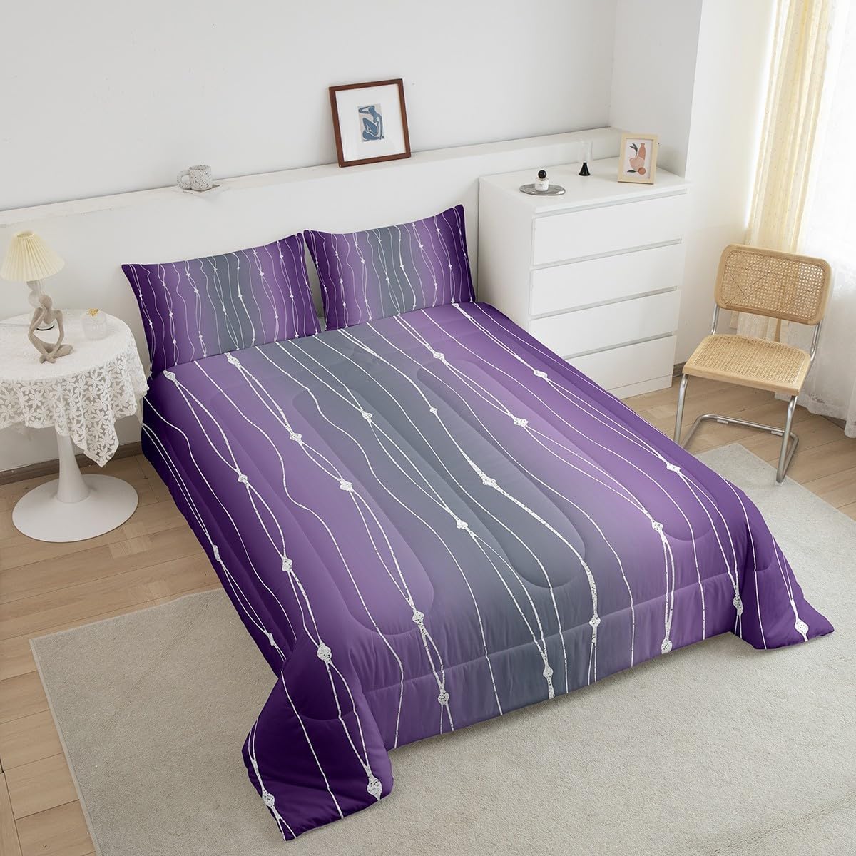 Erosebridal Gray and Purple Bedding Set Queen for Women Girls Watercolor Gradient Comforter Set, Geometric Abstract Quilt Comforter Wave Stripe Duvet Insert, Modern Aesthetic Bedding Comforters & Sets