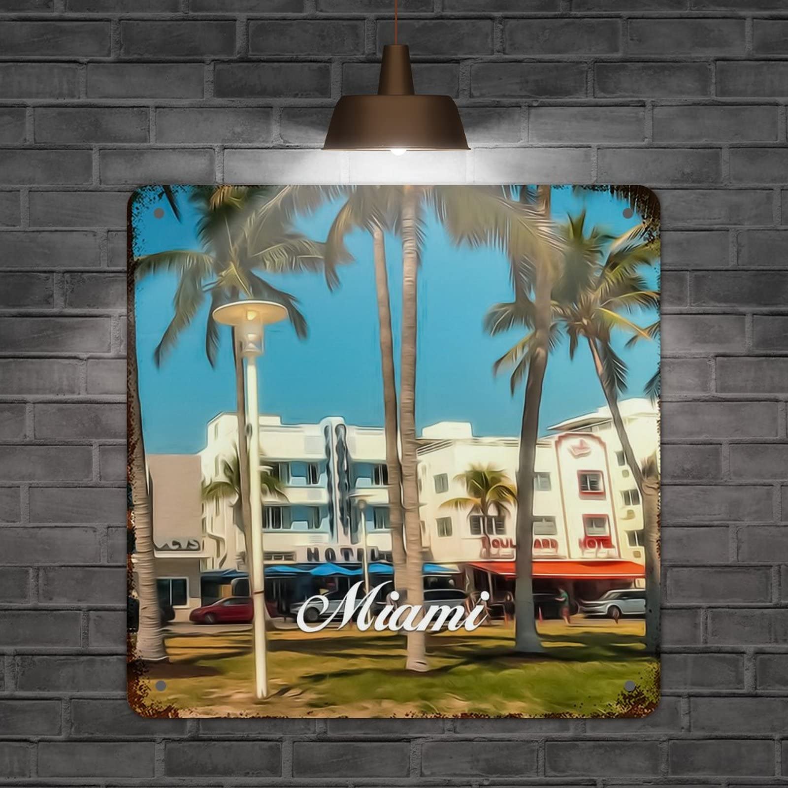 Plaque métal vintage USA Miami paysage urbain populaire souvenir décoration murale rustique