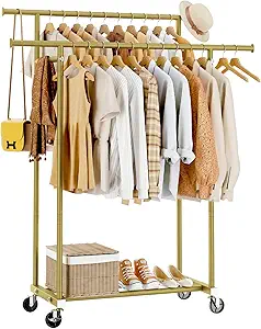 Double Rods Clothes Rack, Sturdy Rolling Clothing Rack, Portable Clothing Racks for Hanging Clothes - Metal Garment Rack Wardrobe Coat Rack for Bedroom Laundry Living Room, Gold
