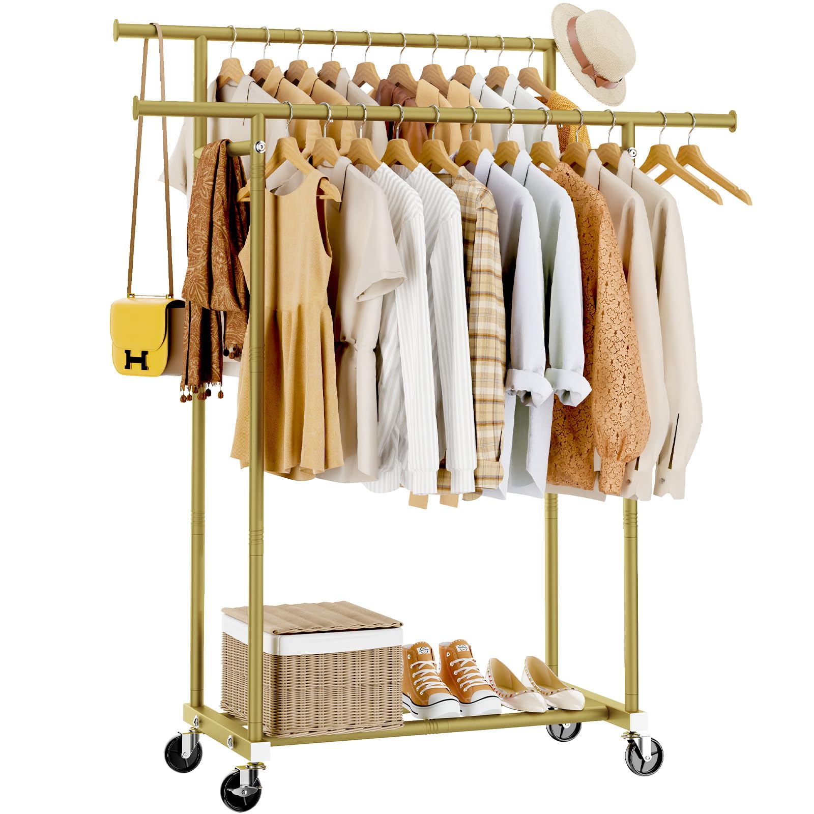 Double Rods Clothes Rack, Sturdy Rolling Clothing Rack, Portable Clothing Racks for Hanging Clothes - Metal Garment Rack Wardrobe Coat Rack for Bedroom Laundry Living Room, Gold