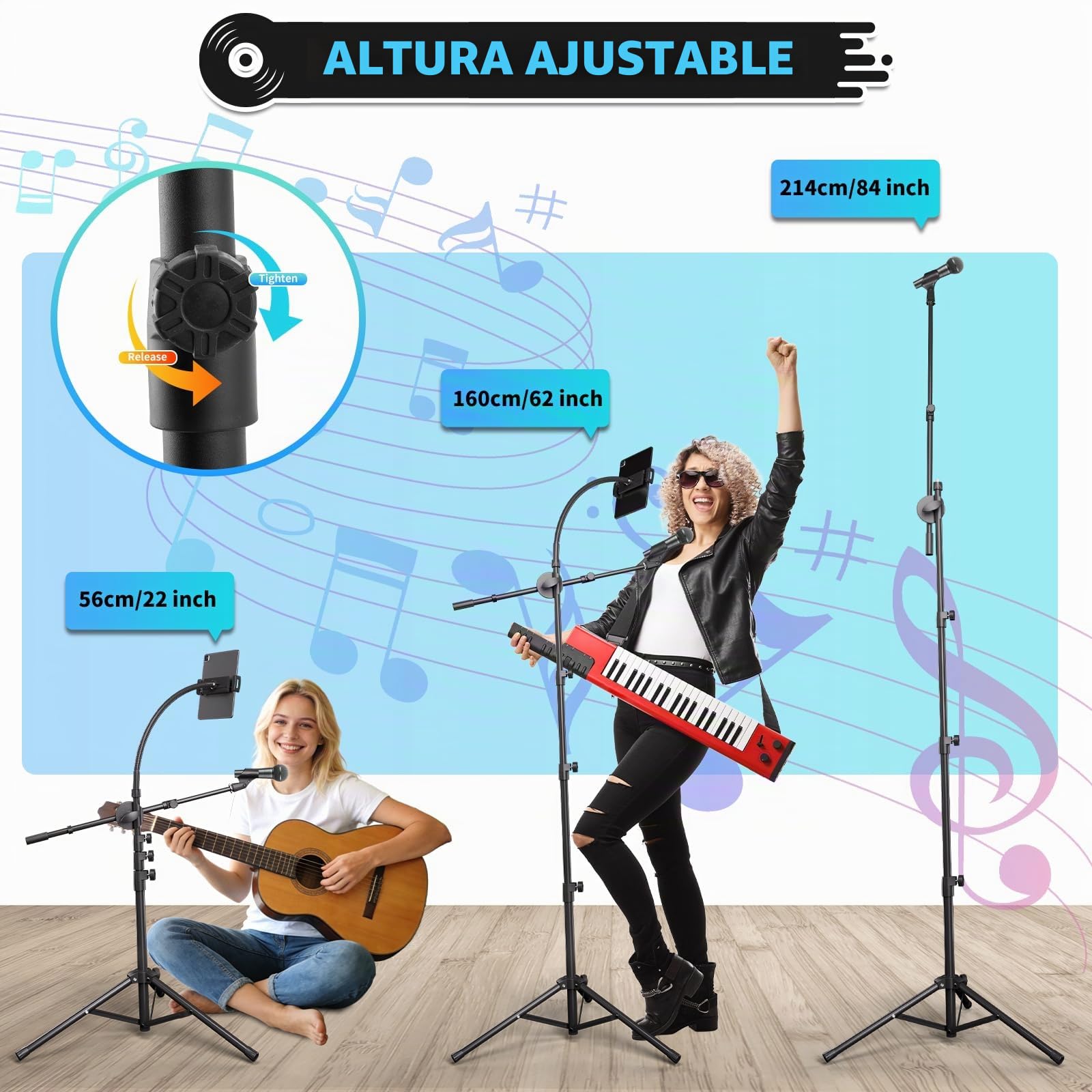 K KASONIC Soporte de Micrófono con Portatabletas, Soporte de Micrófono de Trípode Ajustable con Brazo para Actuaciones, Soporte de Micrófonos de Pie para Canto, Actividades al Aire Libre