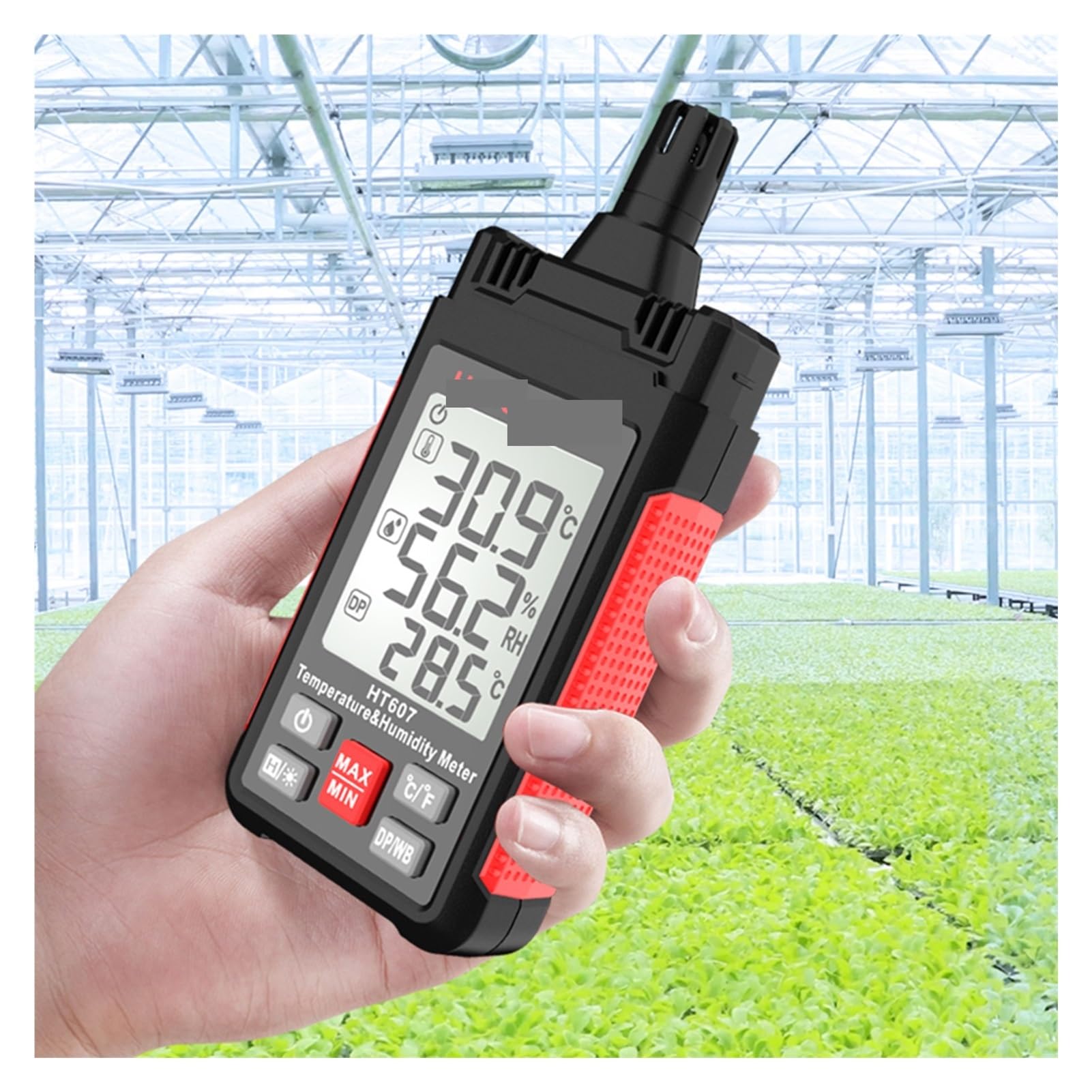 Higrómetro digital HT607 - Medidor de temperatura y humedad con pantalla LCD, psicrómetro for medición de punto de rocío y bulbo húmedo