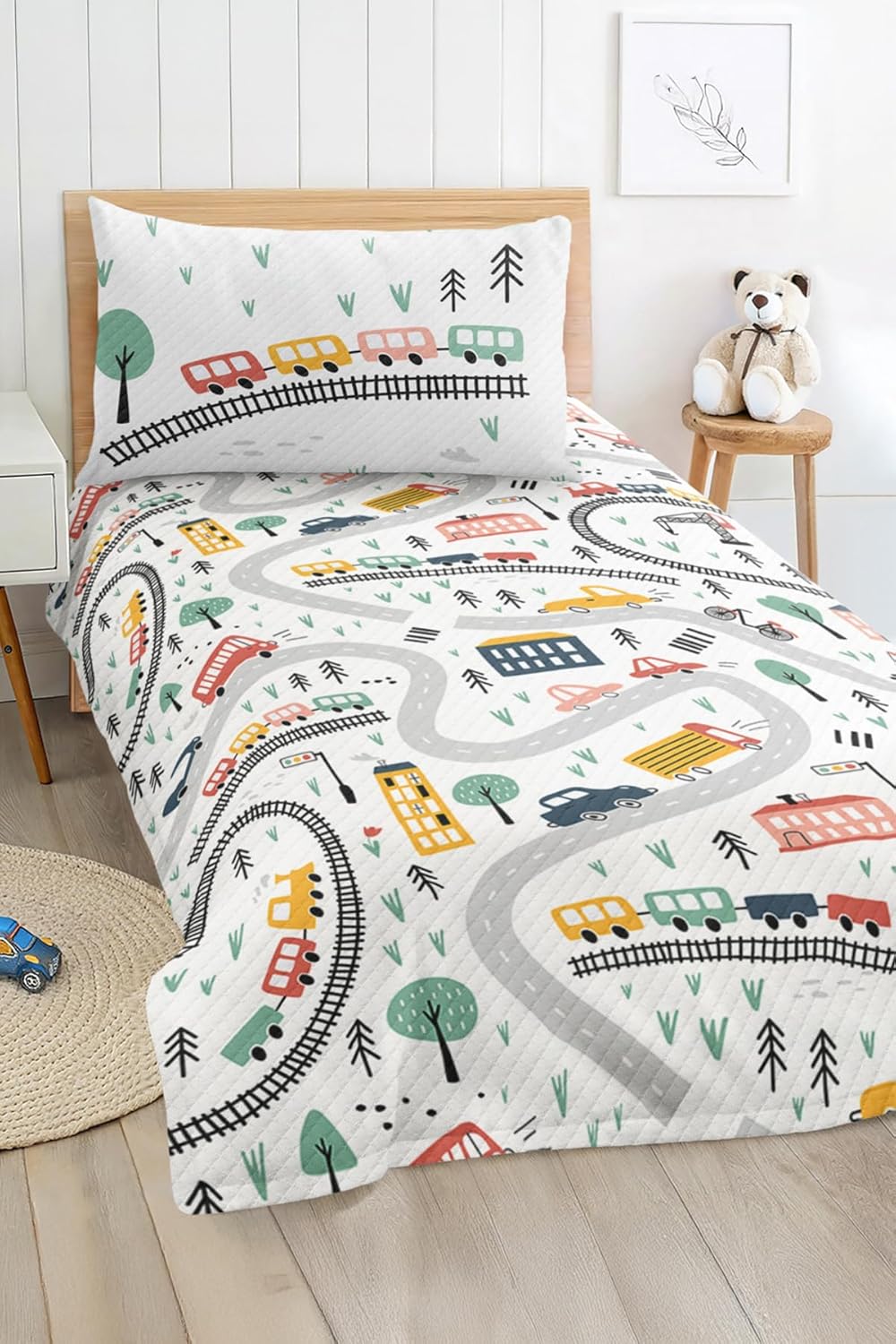 SODEF Single Quilt Set Vibrant Vehicle Pattern Kids and Teens Room Bedspread Cover, 2 Piece Cotton Polyester Blend - Multicolor, One Size