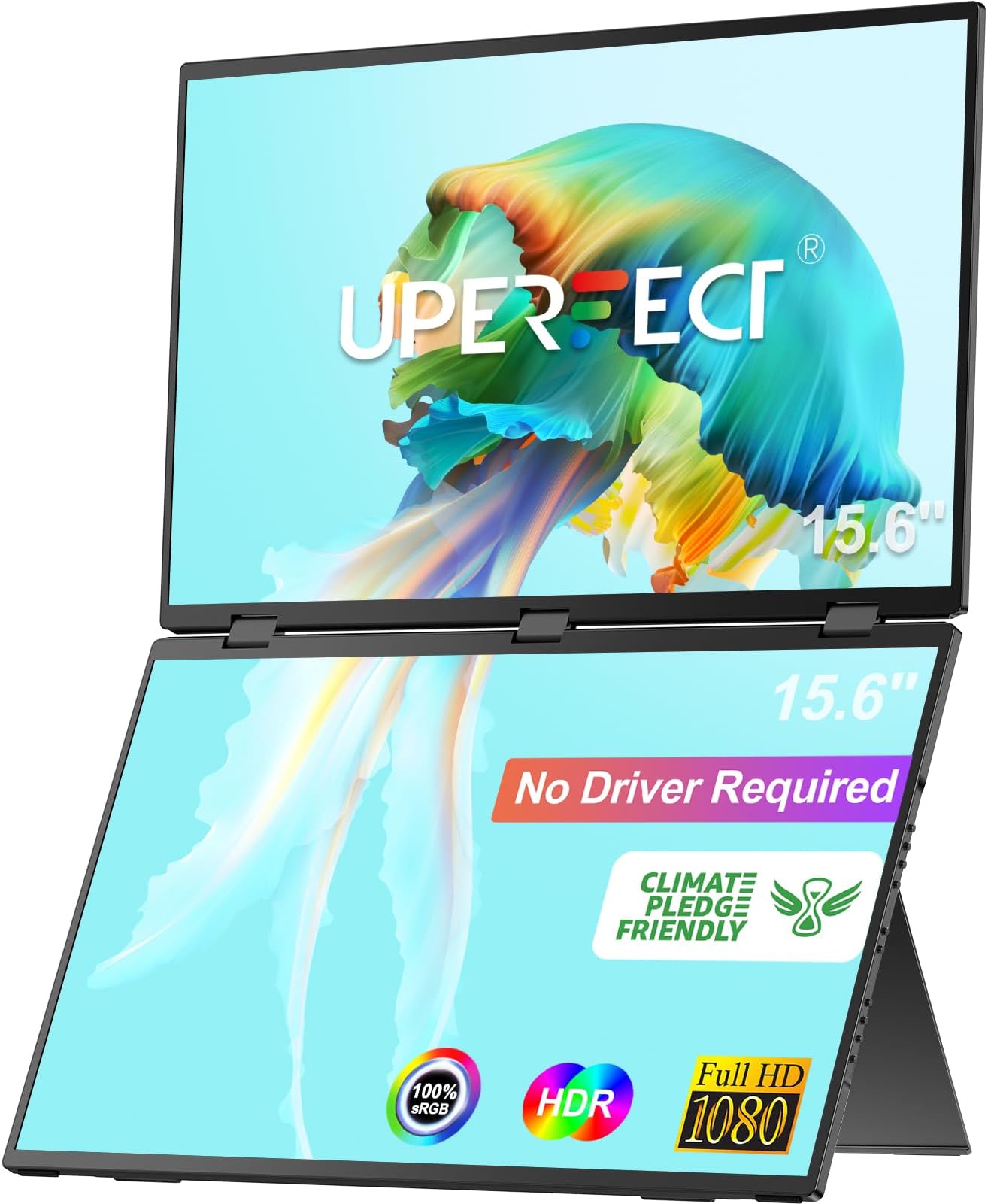 Delta 15.6" Dual Monitor Portable Monitor for Laptop Screen Extender 1080P HDR 360° Folding Stacked Triple Monitor with Stand & VESA for Laptop PC Phone Game Console (No Driver Needed)