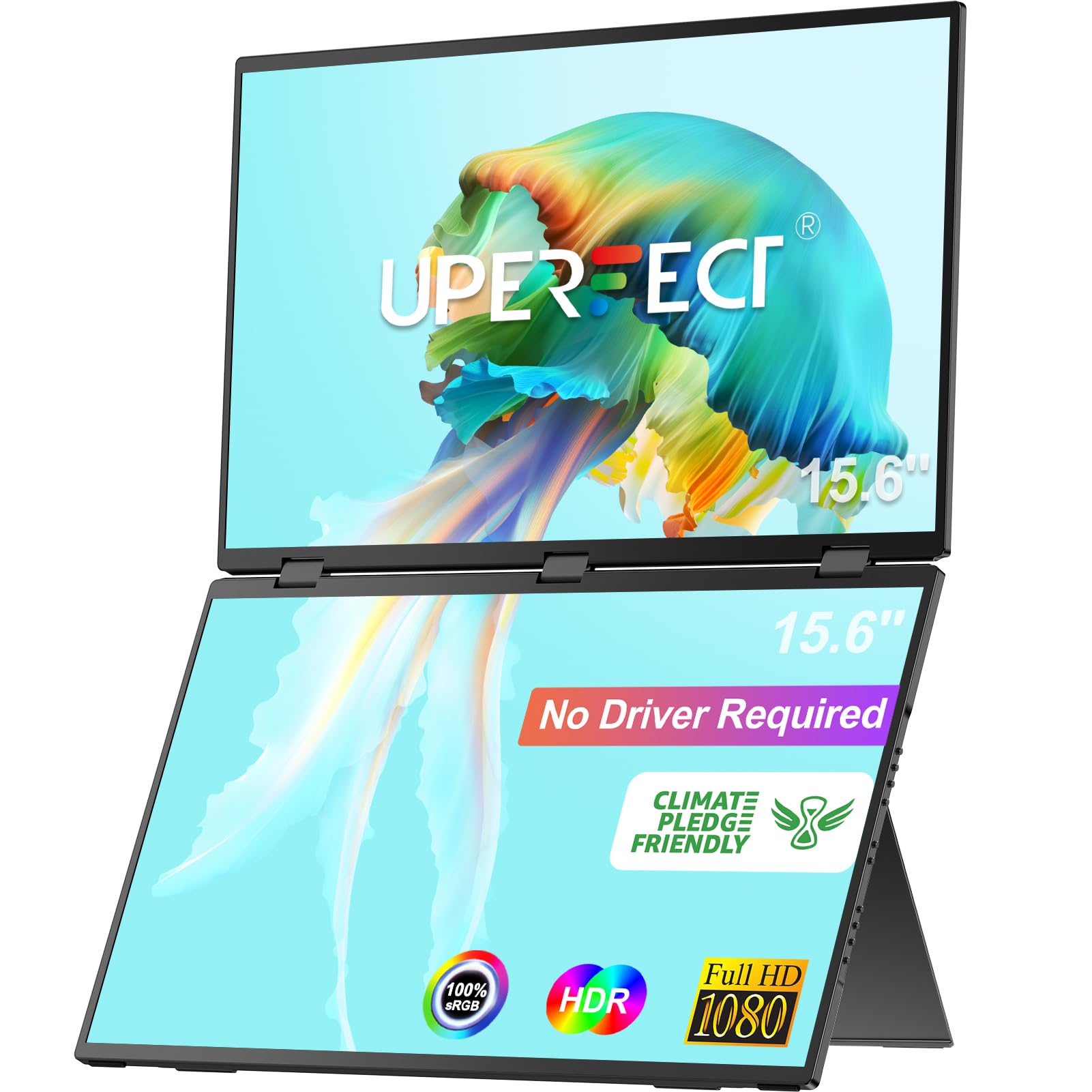 UPERFECT Delta 15.6" Dual Portable Monitor for Laptop Screen Extender 1080P HDR 360° Folding Stacked Triple Monitor with Stand for Laptop PC Phone Game Console (No Driver Needed)