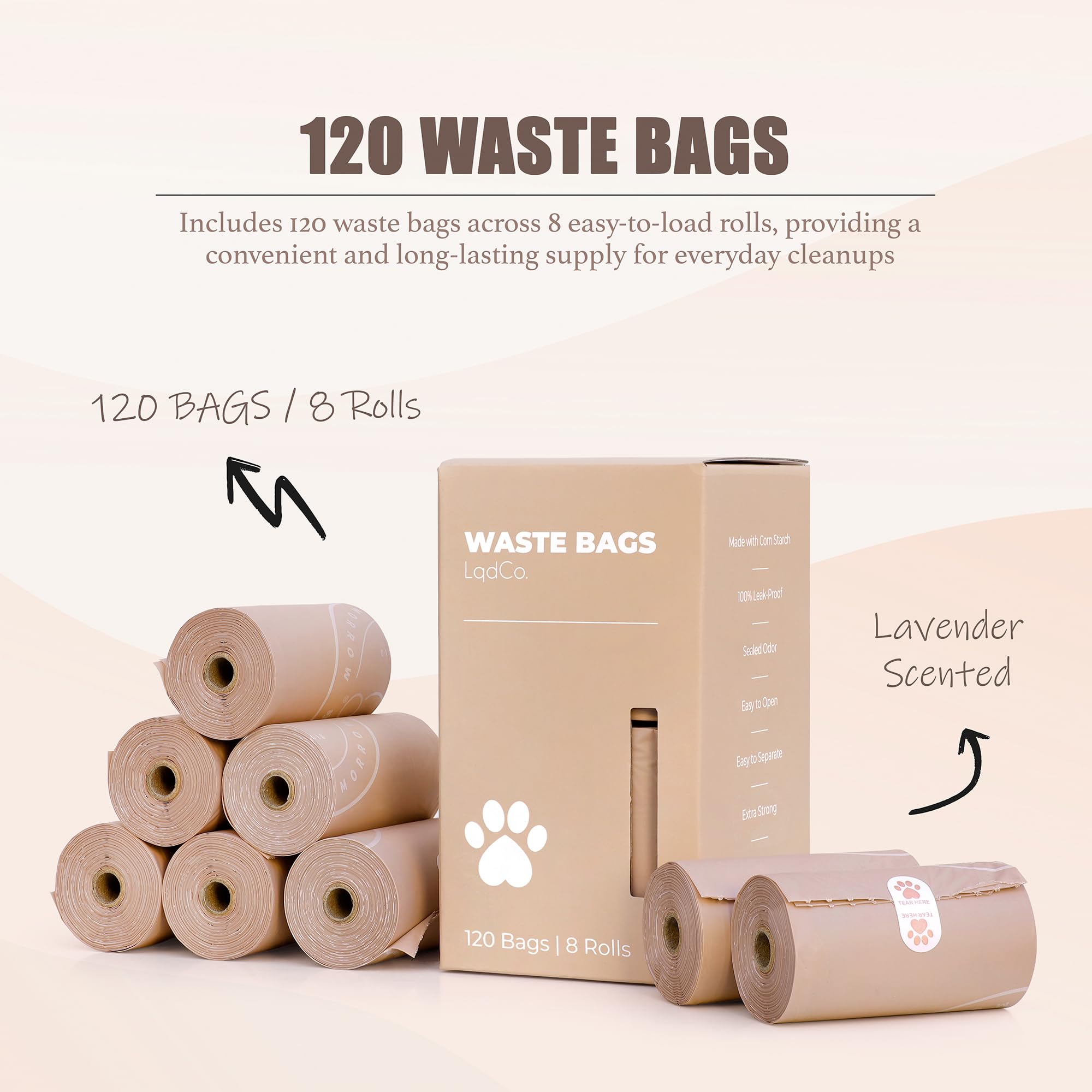 Bolsas para excrementos de base biológica sedosas, suaves y a prueba de fugas, hechas de almidón de maíz, aroma a lavanda. 8 rollos, 120 bolsas.