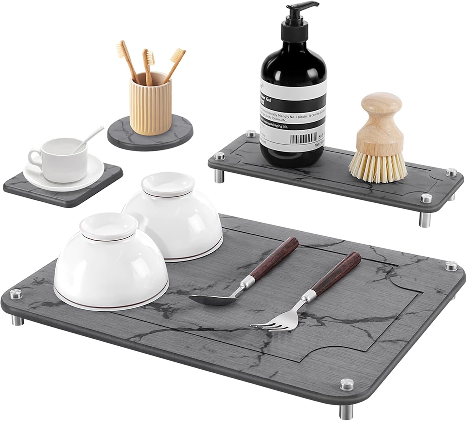 4 Pcs Stone Drying Mat for Kitchen Counter,Marble Stone Dish Drying Mat Absorbing Drying Tray for Bathroom Sink Diatomaceous Quick Dry Mat Coaster With Bracket Non Slip,Heat Resistant 16”X12” 15.7" x 12"