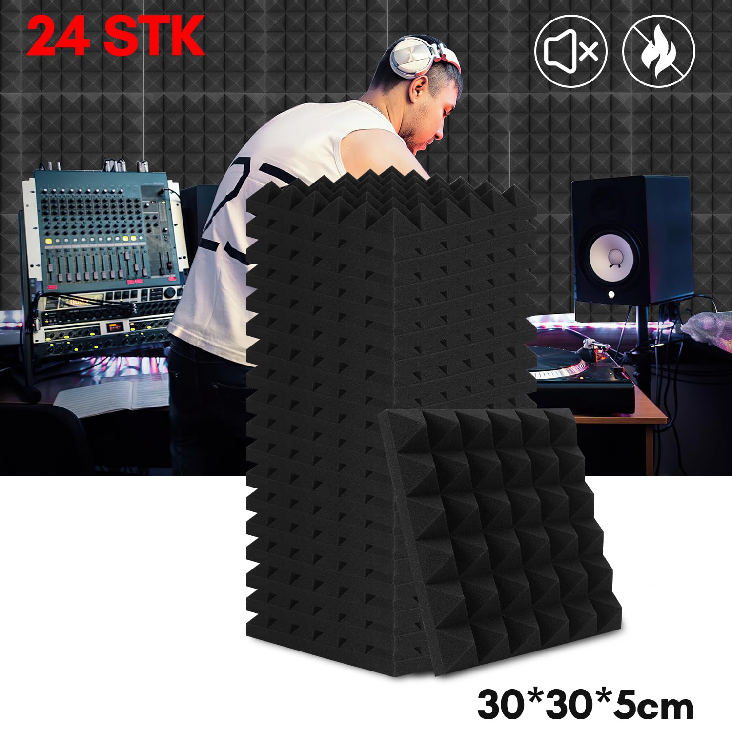 Pannelli Fonoassorbenti Piramidali 48 Pezzi - Assorbimento Acustico Pareti E Soffitti, 30x30x5 Cm - Foto 11