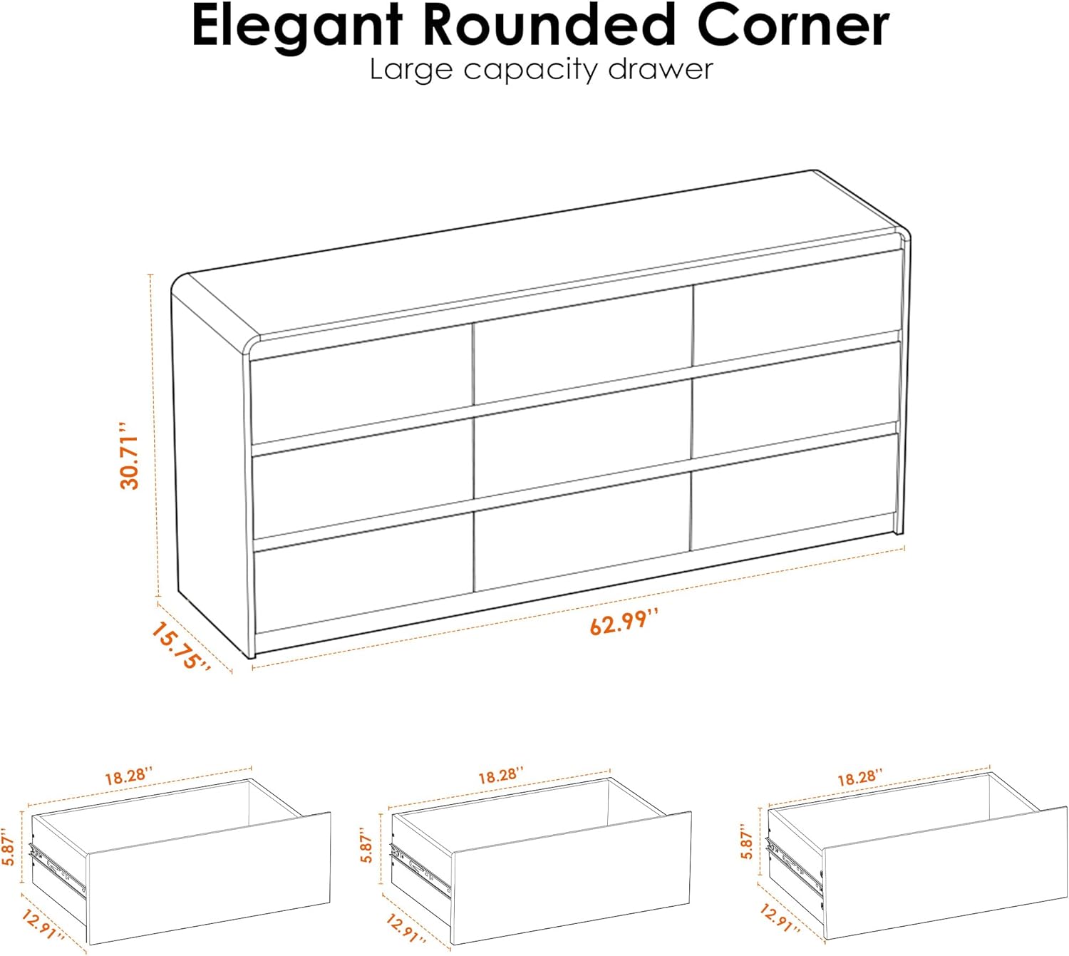 Oransail 9 Drawer Dresser, 63" Wide Walnut Dresser Chest of Drawers, Curved Anti-Collision & Anti-Tipping Design, Mid Century Modern Wooden Dresser for Bedroom, Living Room, TV Stand