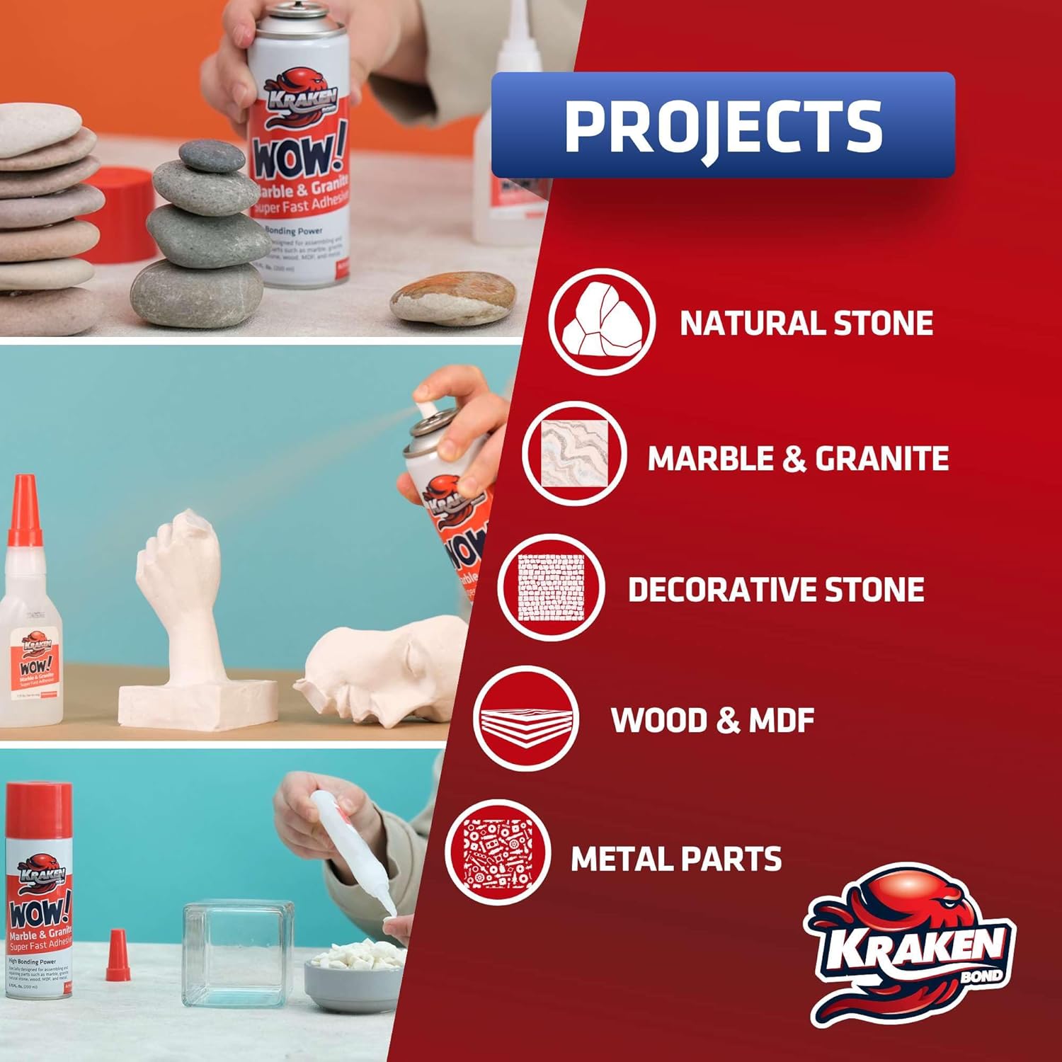 Kraken Bond Wow Marble & Granite CA Glue with Activator - (2x6.75 fl.oz) CA Glue Activator, (2x1.75 oz) CA Glue for Stone, Marble, Ceramic and Metal, Strong Super Glue with Accelerator, 2 Pack