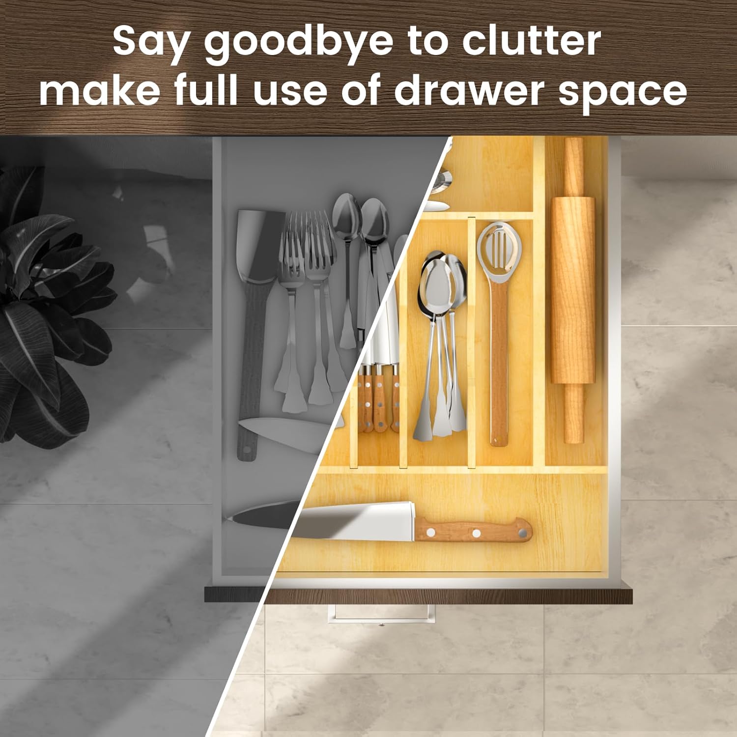 Silverware Drawer Organizer Wood with Adjustable Partition Utensil Cutlery Flatware Cabinet Storage (19.2" W x 19.5" D x 2.5" H)