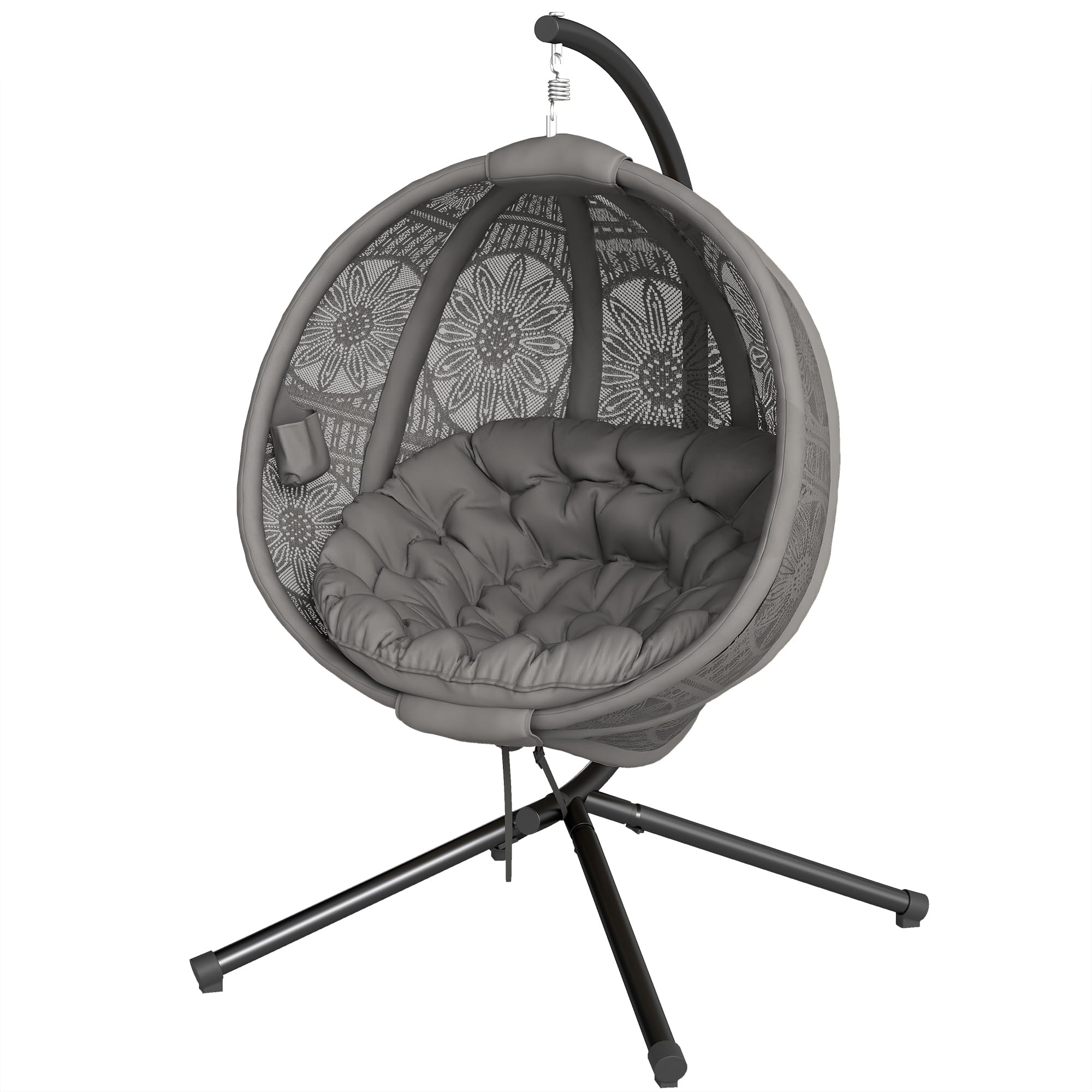Outsunny Hanging Swing Chair W/ Metal Stand & Side Pocket, Charcoal Grey