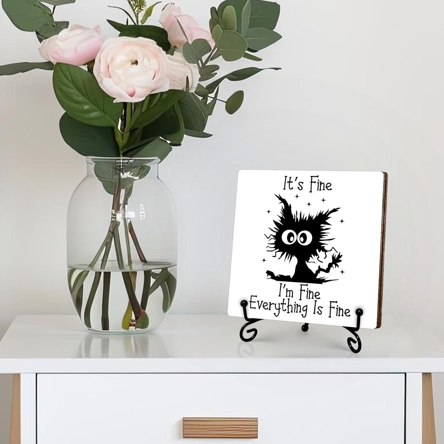 Cat Lover Gifts for Women Men, Funny Black Cat Desk Accessories, It's Fine I'm Fine Everything is Fine Wooden Sign with Stand, Cute Office Gifts for Boss Coworkers Friends, 5"x5"-C21 - Image 6