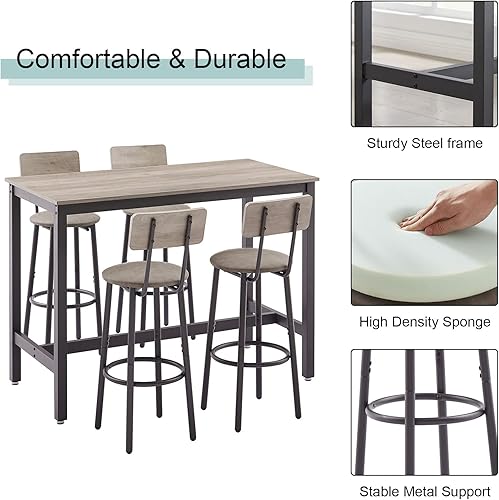 Miniatura 3 de GNIXUU Juego de mesa de bar y sillas para 4 5 piezas de mesa industrial de pub con altura de mostrador y 4 taburetes suaves de poliuretano con