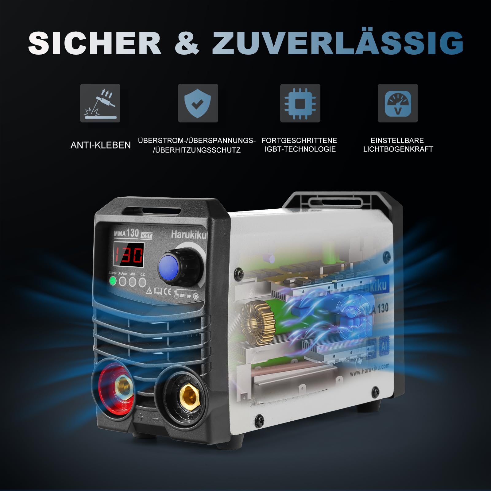Elektroden-Schweißgerät MMA130 Digital - Mini-Inverter-Schweissgerät, kompakt, leicht, mit Anti-Stick-Funktion, 3+2m Kabel, 21,5 x 14 x 8,5 cm, für Heimwerker und DIY