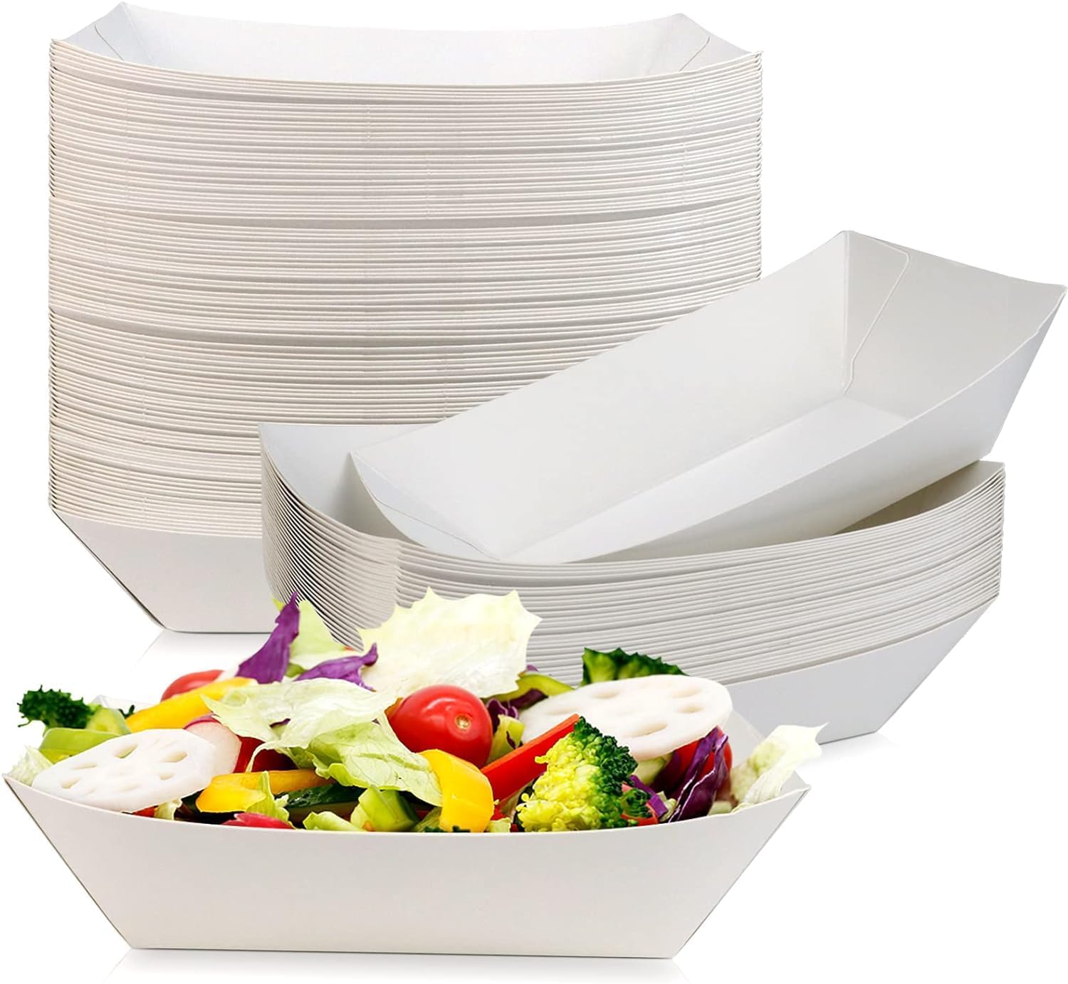 100 Pieces Disposable Kraft Paper Food Trays,Take Out Food Serving Boats Baskets Trays for Party Snacks French Fries Nachos Hot Dogs Tacos BBQ (White)