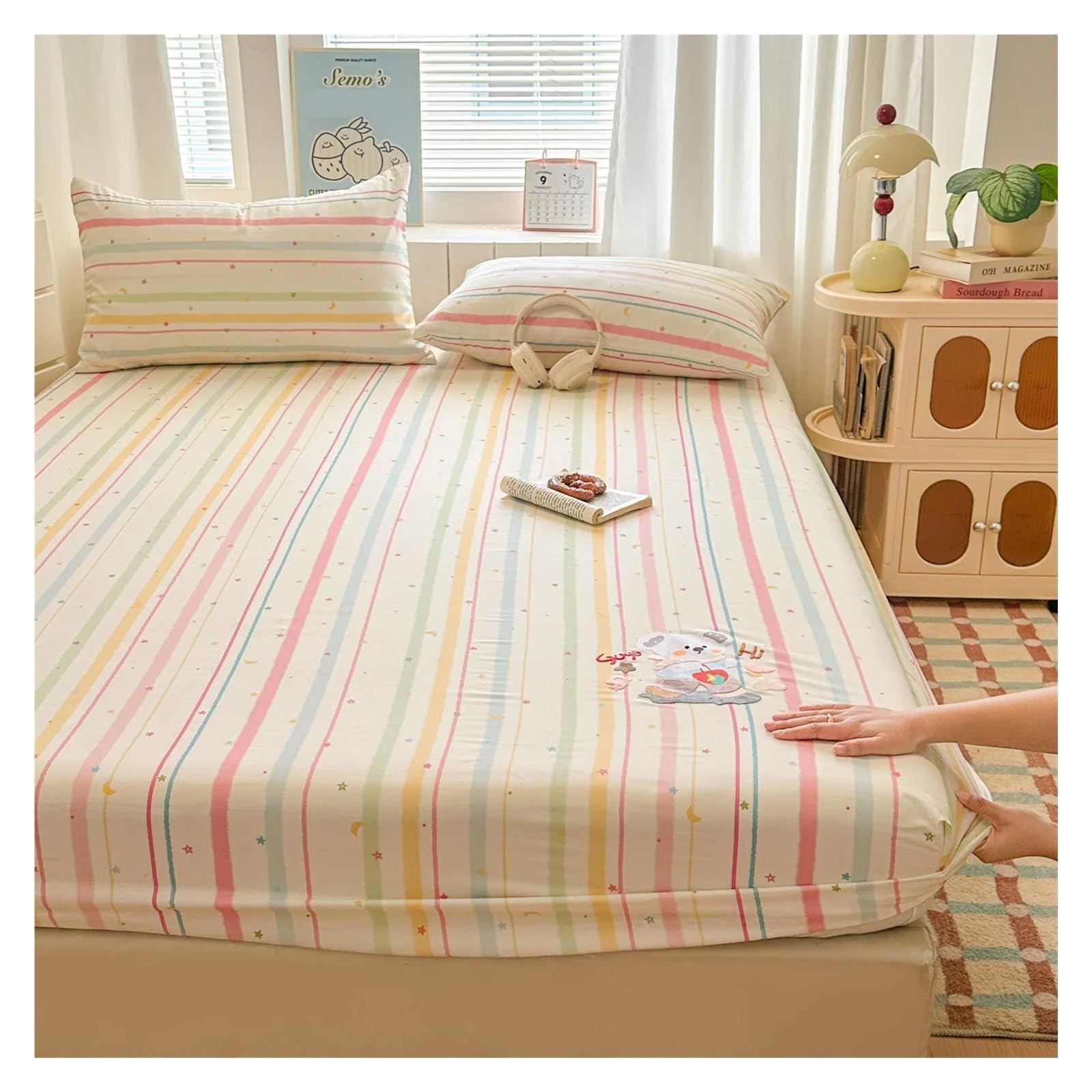 Printed Bed Sheets Baumwoll-Spannbettlaken mit Herzmuster, Bedruckt Gummizug, Einzel-/Doppelbett-/Queensize-Größe, weiches Cartoon-Design(Color 3,150x200x30cm 1pc)