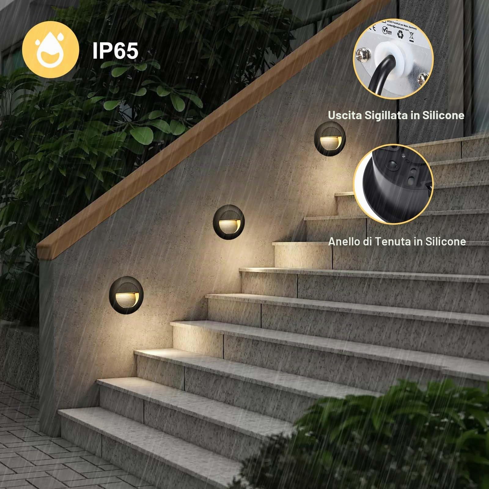 VivaLet Lampada LED Segnapasso da Incasso 6 Pezzi 5W 500LM, Luci Per Scale da Parete Per Esterni 230V 3000K, IP65 Scatola da Incasso 66mm, 85 X 85 mm, Applique per Esterno Alluminio Nero Circolare