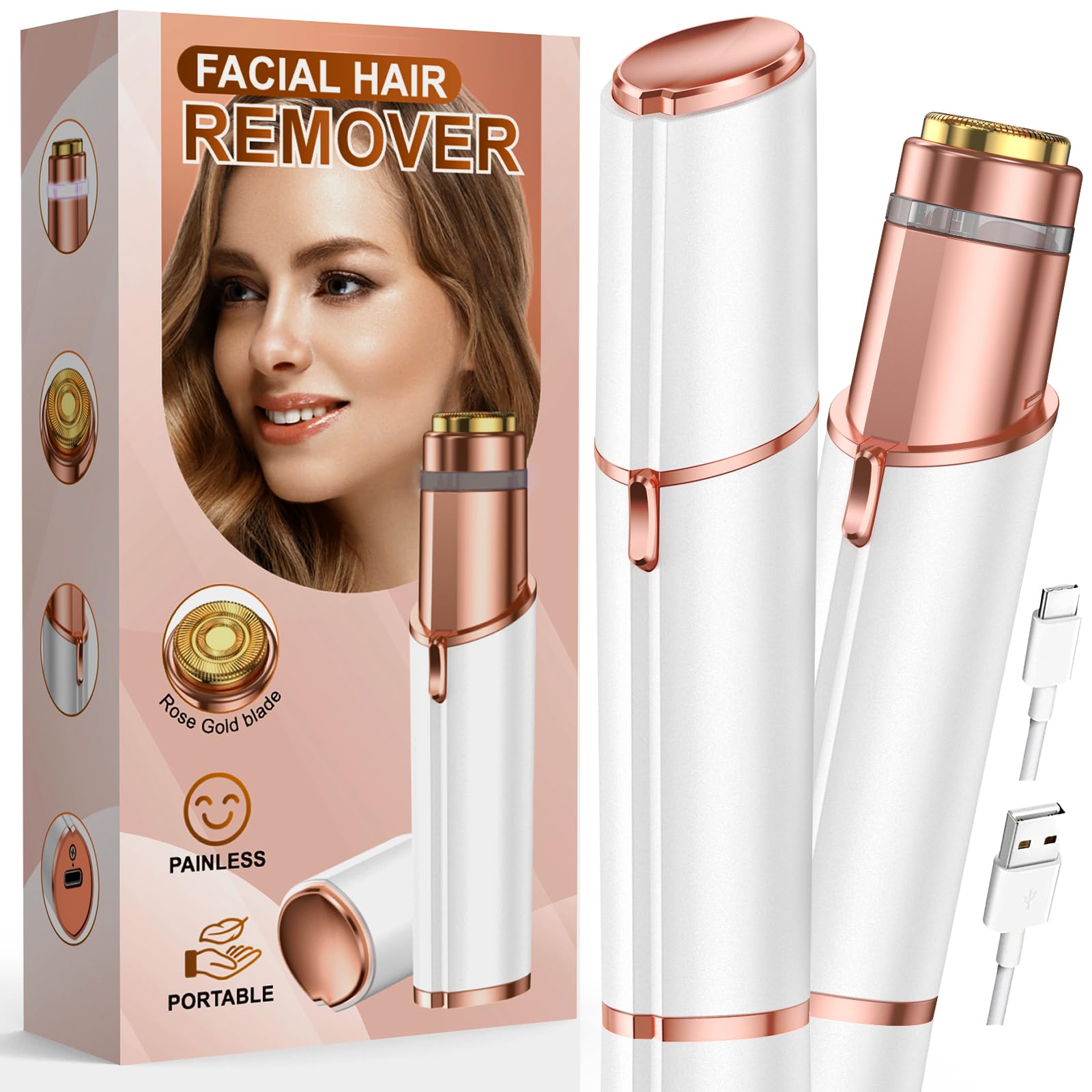 Facial Hair Removal for Women Face: Painless Rechargeable Face Shaver Electric Hair Remover Device for Peach Fuzz Upper Lip Chin (White)