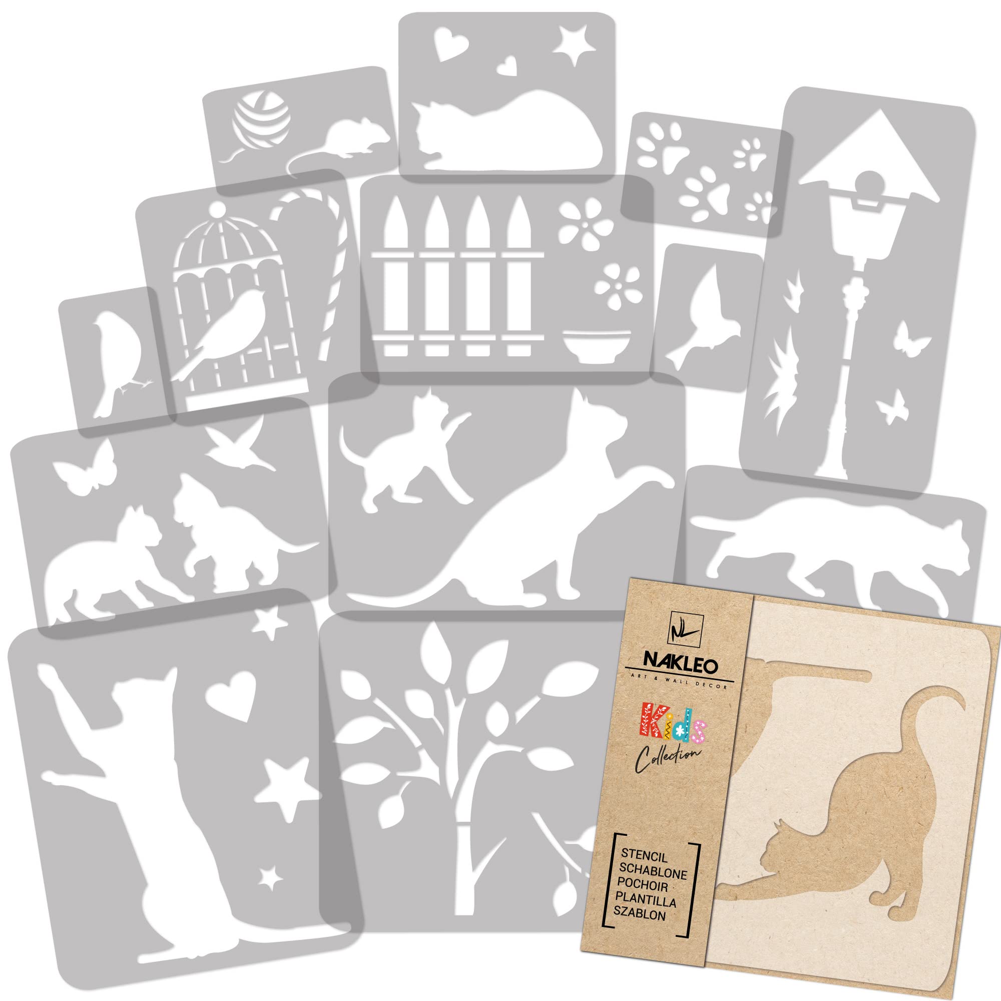 NAKLEO Schablonen Malen für Kinderzimmer, 14 Stück Set 9x12 bis 23x34cm Katzen Tiere, Wiederverwendbare Kunststoff Malvorlage Raumdekoration, Basteln DIY Wand Möbel Papier Stoff