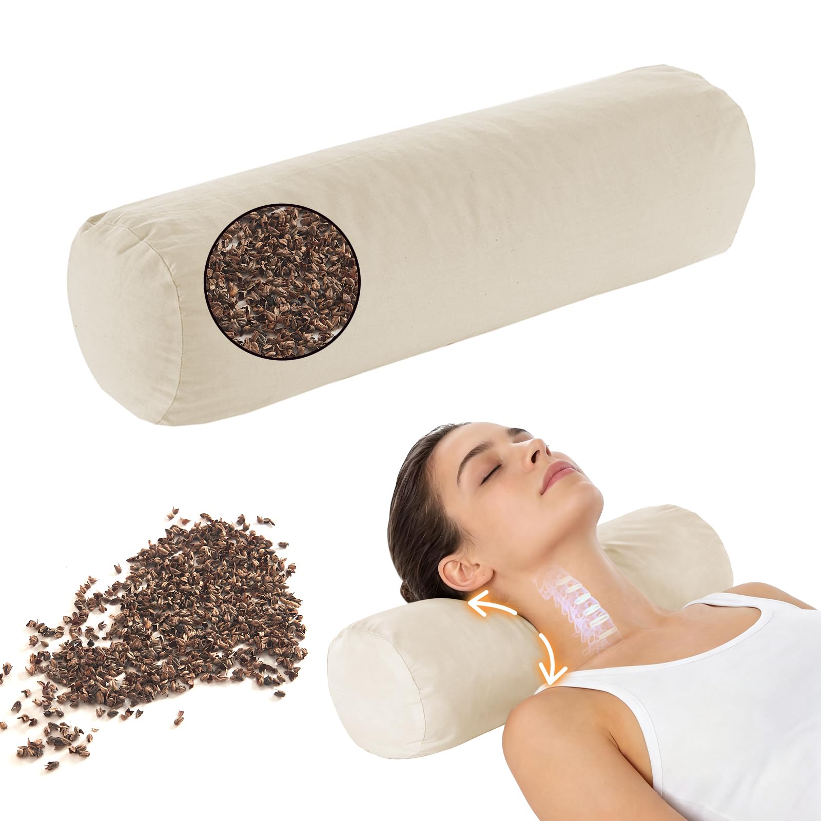 Photo 1 of LOFE Buckwheat Pillow - Adjustable Buckwheat neck Pillow(17x6) to Provide Firm Support, Neck Roll Pillows for Side and Back Sleepers, Cylinder Bolster Pillows with Organic Pillowcase