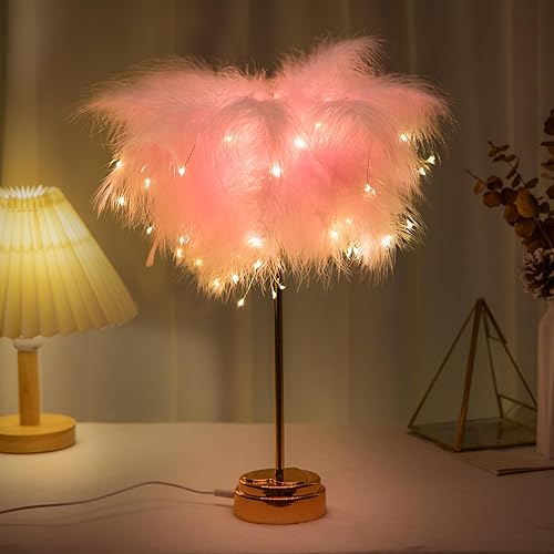 Miniatura 8 de Lámpara de plumas rosadas  Luces LED de noche de plumas de ambiente para madre, novia, hogar, habitación de niña, decoración de boda