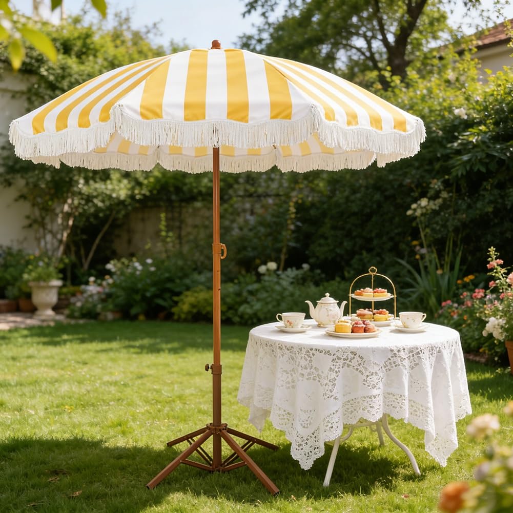 6,5ft Boho White-Ylow Striped Parasol z frynką, UPF 50 + Składany parasol tarasowy na ogród wakacyjny na świeżym powietrzu