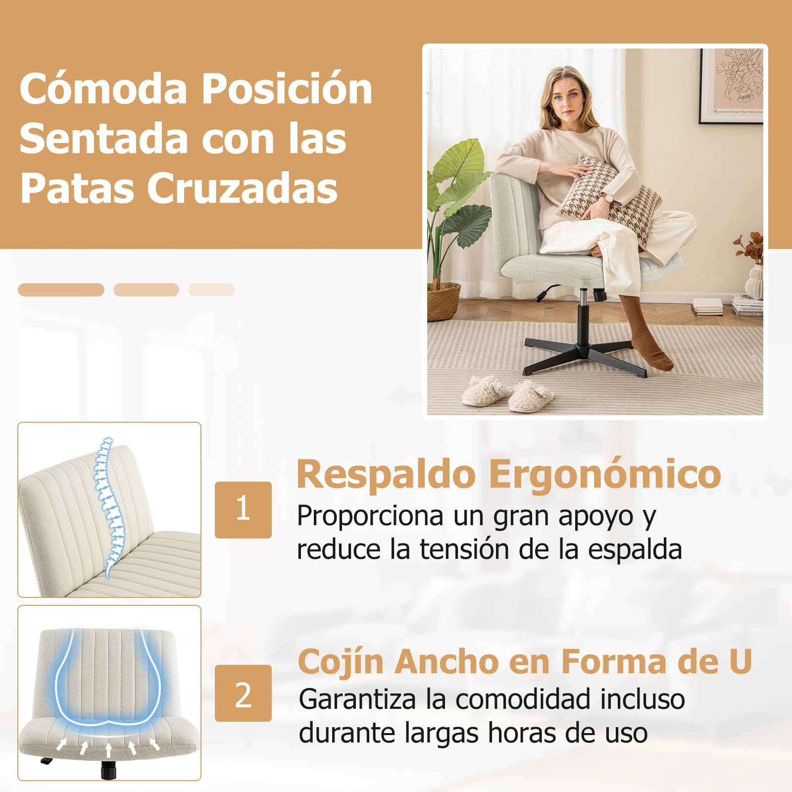 COSTWAY Silla Escritorio sin Brazos, Silla de Oficina con Tela de Lino, Mecedora 120°, Altura Ajustable, Silla Tocador con Piernas Cruzadas Estudio Dormitorio Oficina, 71 x 66 x 78-91,5 cm (Beige)