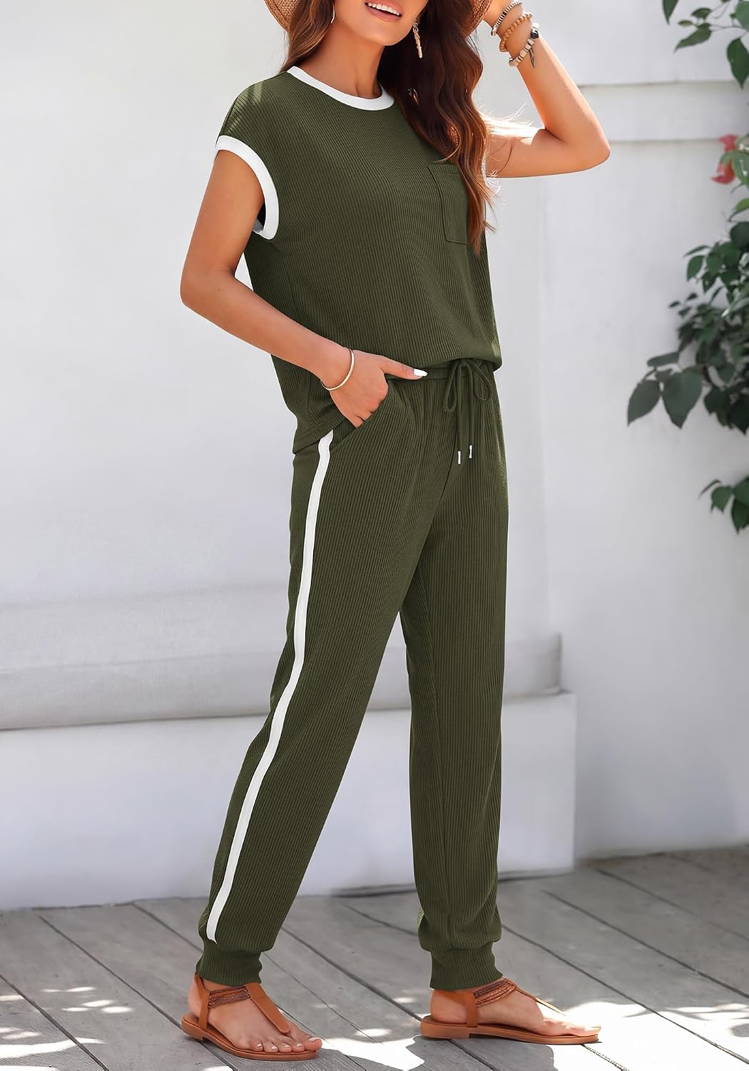 2 Piece Sets For Women Summer Lounge Set Airport Outfits Tracksuit | Solid,Matching Sets Women Clothing,Sweatsuit,Short Sleeve Tops, Long Pants, Vacation Outfits,Beach vacation Clothes For Women thumbnail