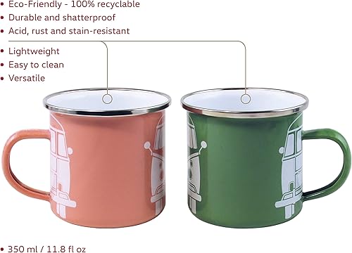 Miniatura 2 de BRISA VW Collection - Juego de tazas de té y café esmaltadas Volkswagen de 2 piezas para acampar y exteriores T1 Bus (verderosa)