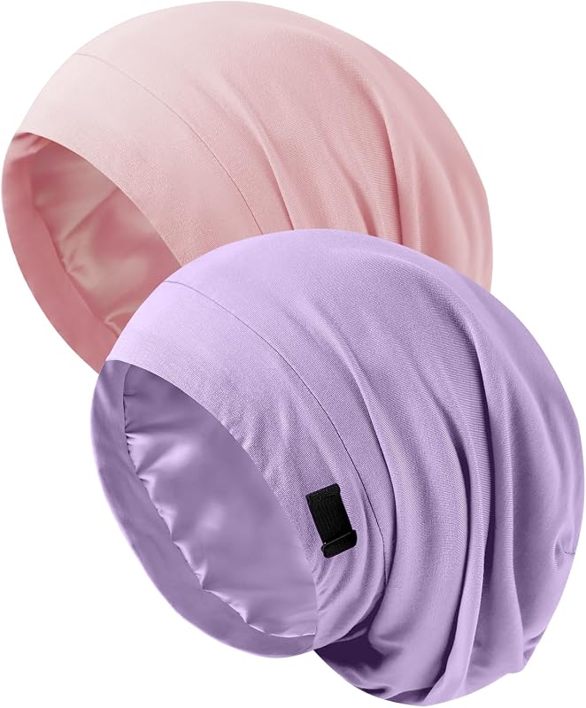 ZHENSILK Touca de dormir com revestimento acetinado ajustável, roxa e rosa, 2 unidades