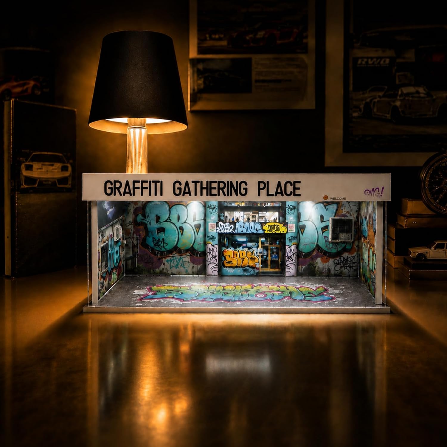 Graffiti 1/64 Scale Model Car Garage Diorama Display with Color LED Lamp