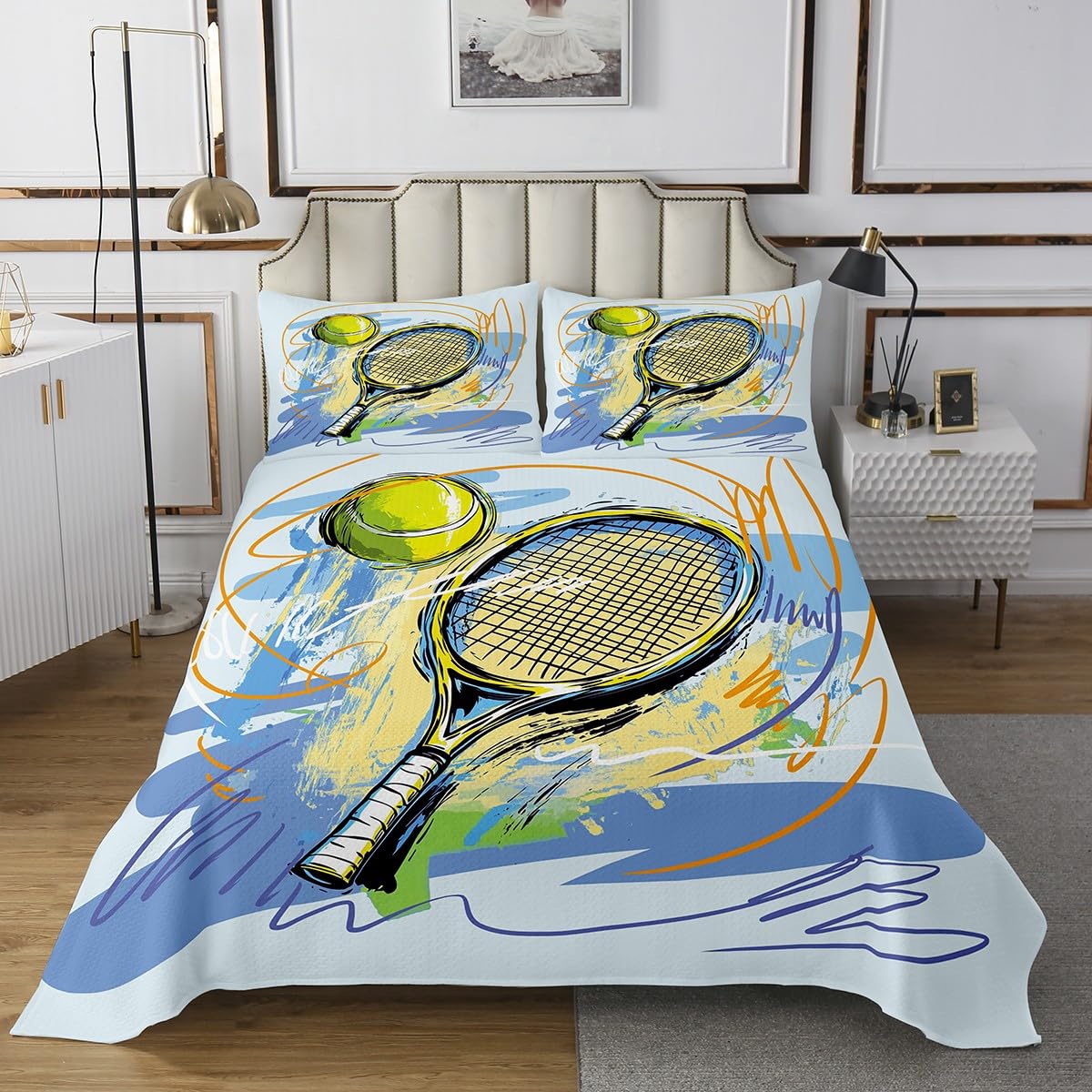 Set di biancheria da letto con copriletto sportivo da tennis, per letto matrimoniale, motivo acquerello e graffiti, set di biancheria da letto con 2 federe