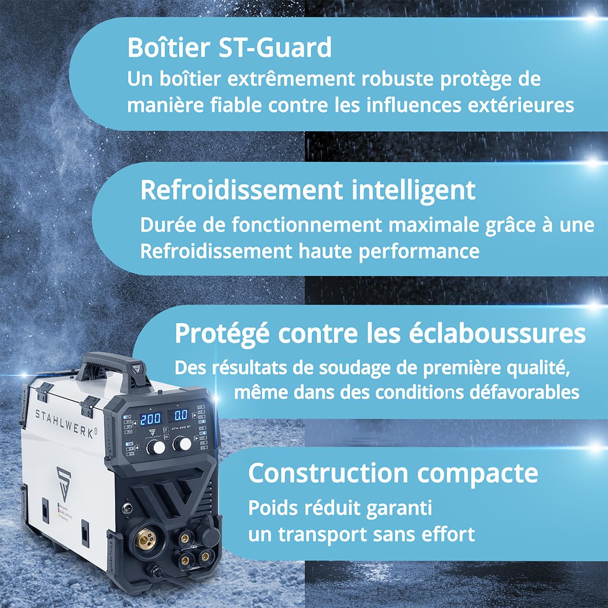 STAHLWERK Poste à souder combiné 4-en-1 CTM-250 ST – Kit complet – TIG, MIG/MAG, MMA (ARC), FLUX (fil fourré) jusqu'à 200 A, CUT (plasma) jusqu'à 45 A, capacité de coupe jusqu'à 14 mm