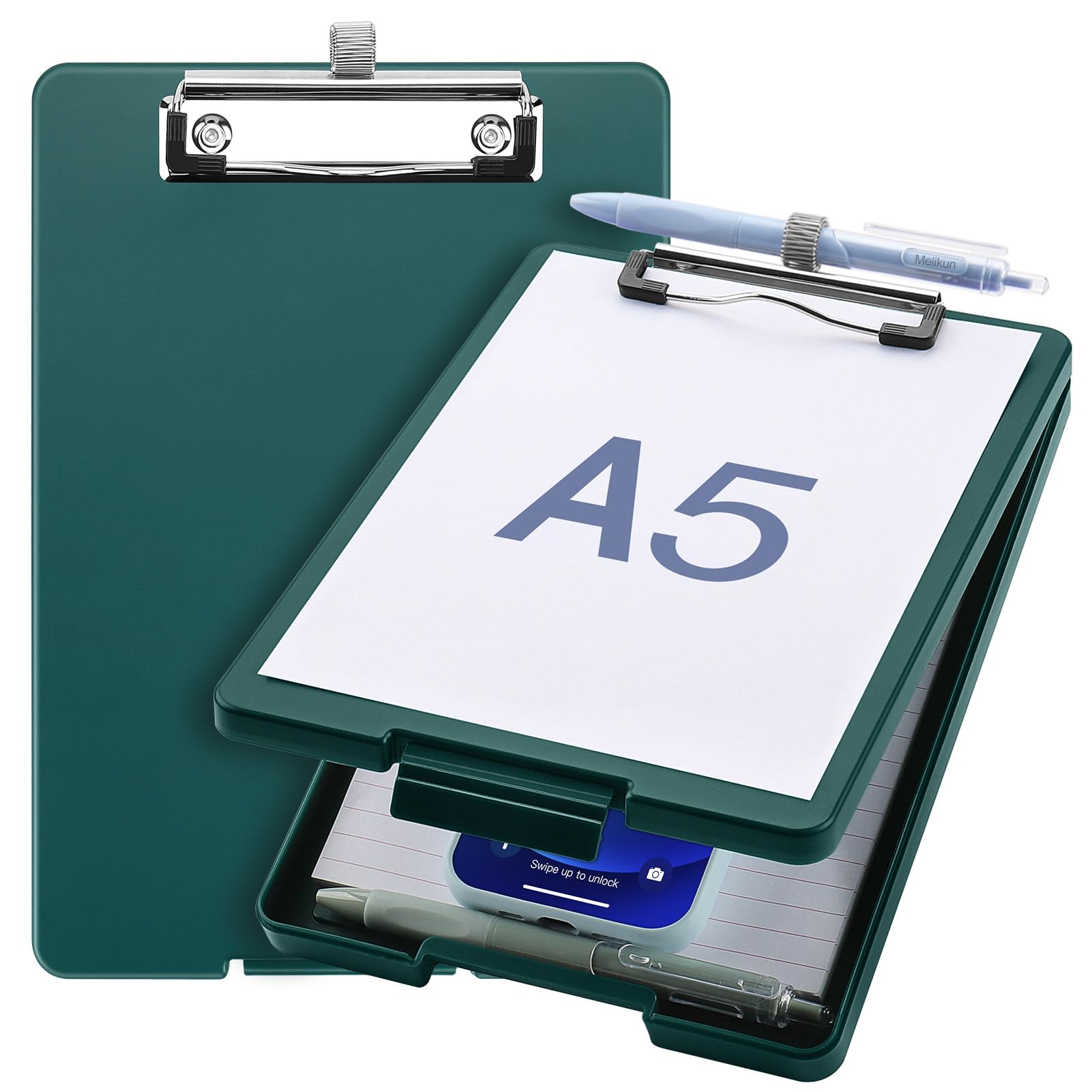 Small Clipboard with Storage, A5 Clipboards with Pen Holder, Half Letter Clip Boards 6x9 Mini Plastic Clipboard with Low Profile Clip for Classroom, School, Office Supplies (Emerald)