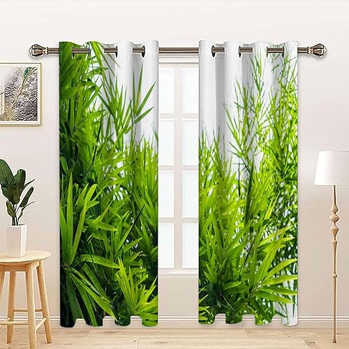MizuH Bamboo Thermal Insulated Grommet Blackout Window Curtain Panels Bamboo Leaf Fresh Purity Tranquil Art 2 Panels 28W x 39L lnch Green White