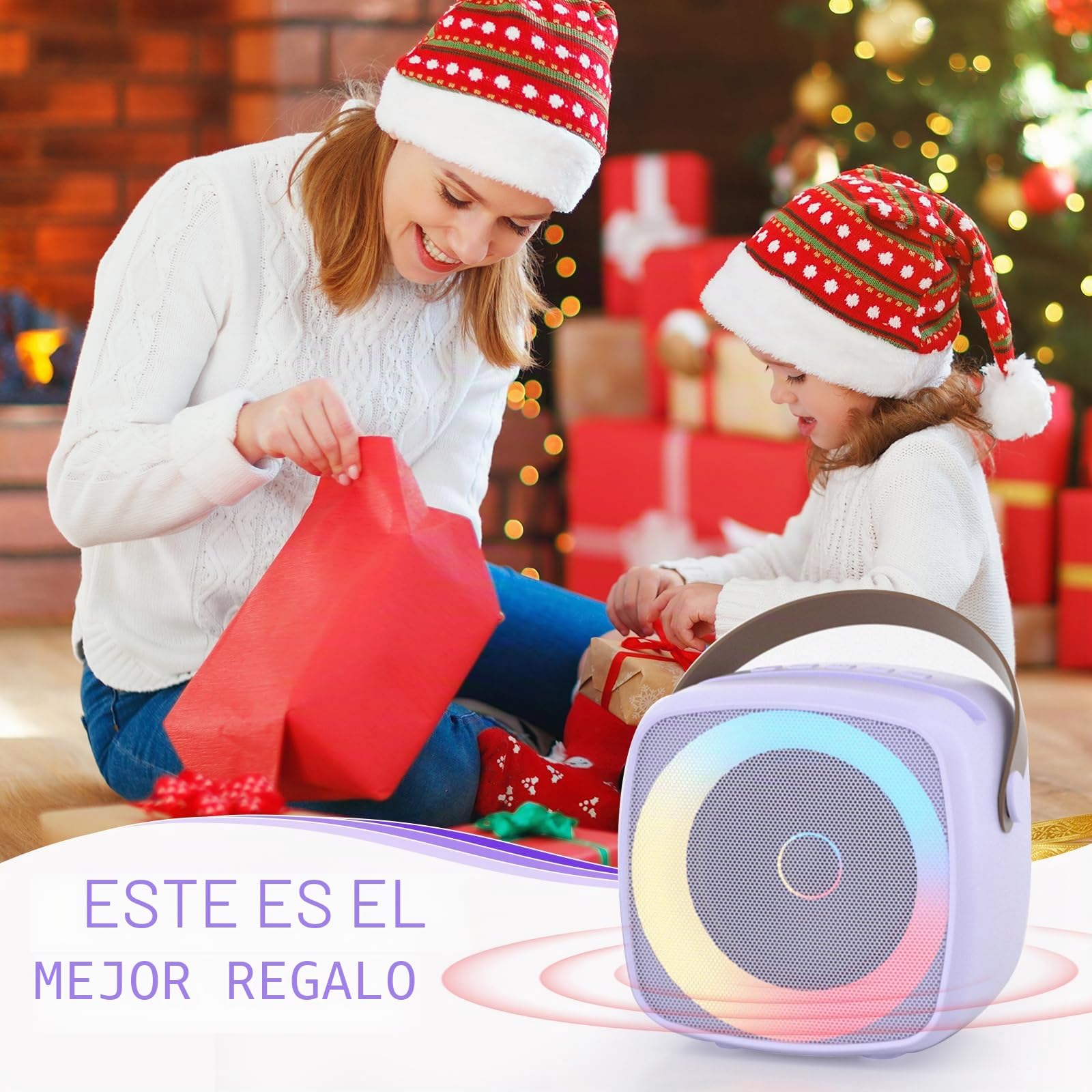 Karaoke para niños con 2 micrófonos, Regalo niña 3-12 años micrófono Bluetooth para niños y niñas, portátil máquina de Karaoke con diseño Soporte para teléfono (Violeta)