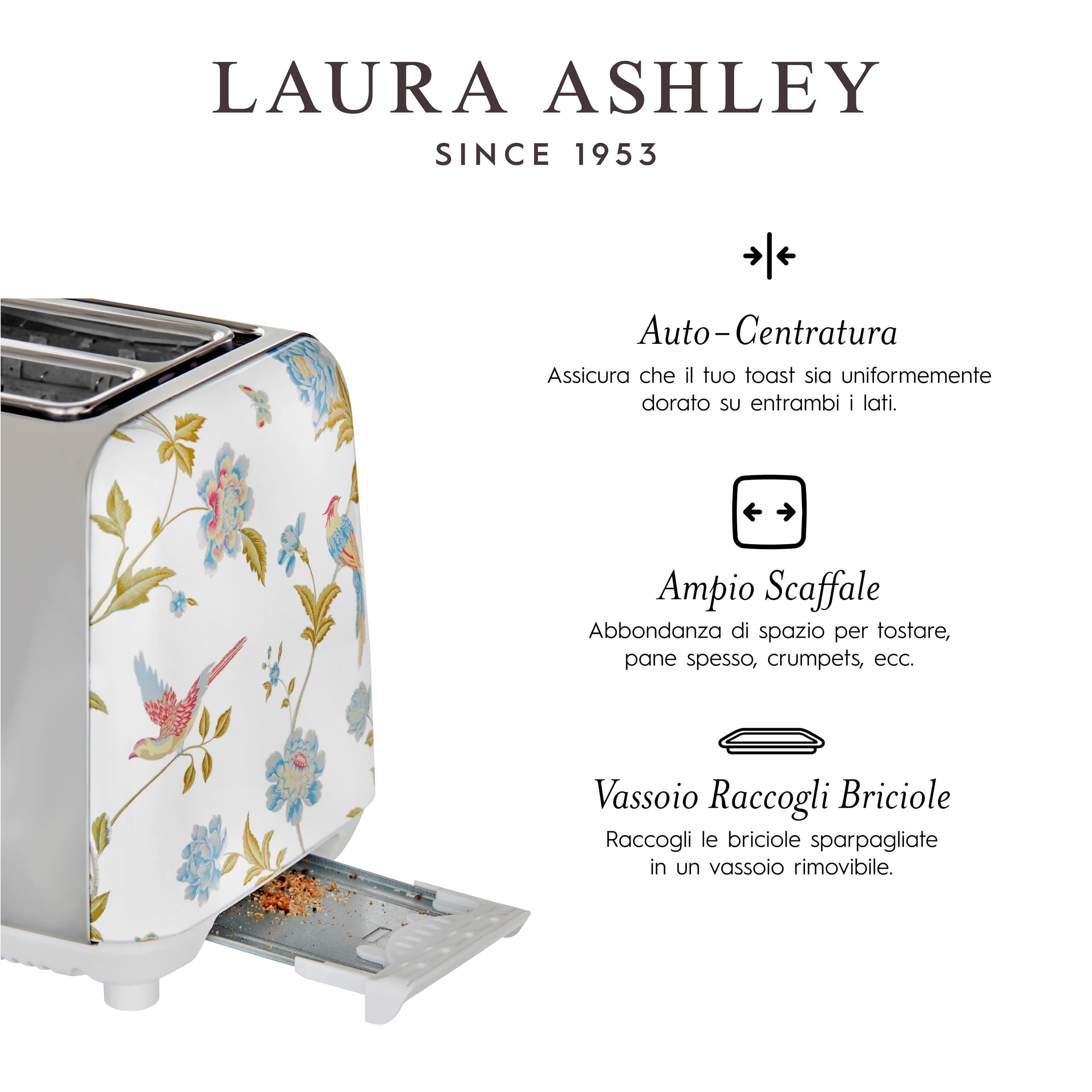 VQ Laura Ashley Tostapane Vintage 2 Fette - Riscaldamento Regolabili, Scongelamento e Modalità di Riscaldamento. Acciaio Inossidabile Tosta Pane con Croissant Scaffale Riscaldante - Elveden Bianco