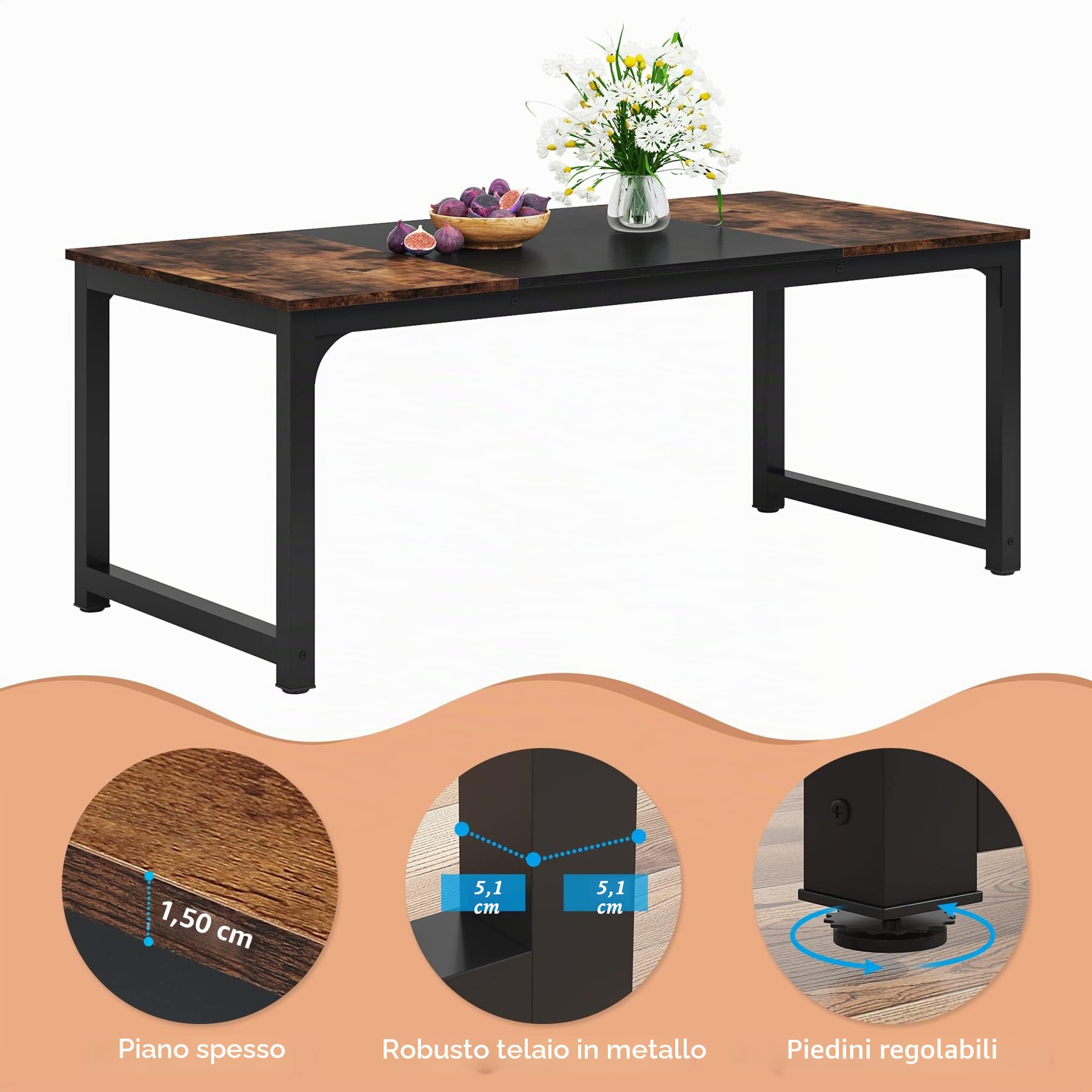 Tribesigns Tavolo da pranzo industriale da 180,3 x 80 cm, per 6-8 persone, tavolo da pranzo rettangolare per sala da pranzo, cucina, soggiorno, con gambe in metallo resistente (marrone rustico)