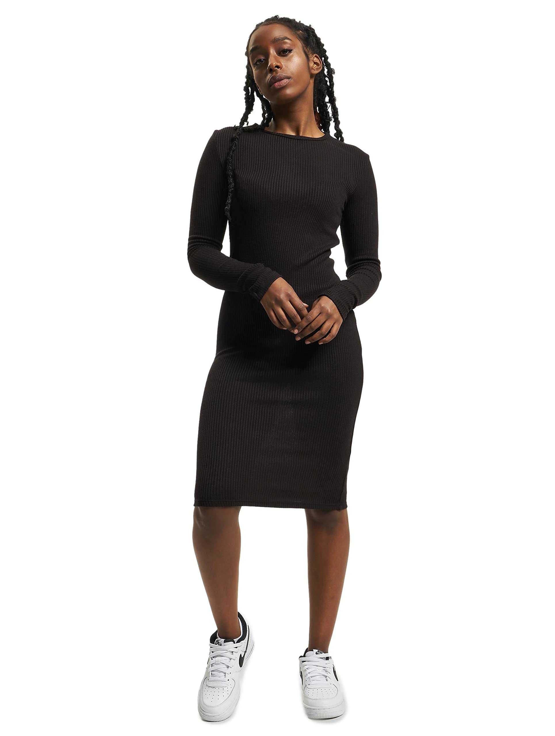 Urban Classics Vestido Corto de Manga Larga con Escote para Mujer, Acanalado, Elegante Vestido de Cóctel de material de punto, Color Burdeos o Negro