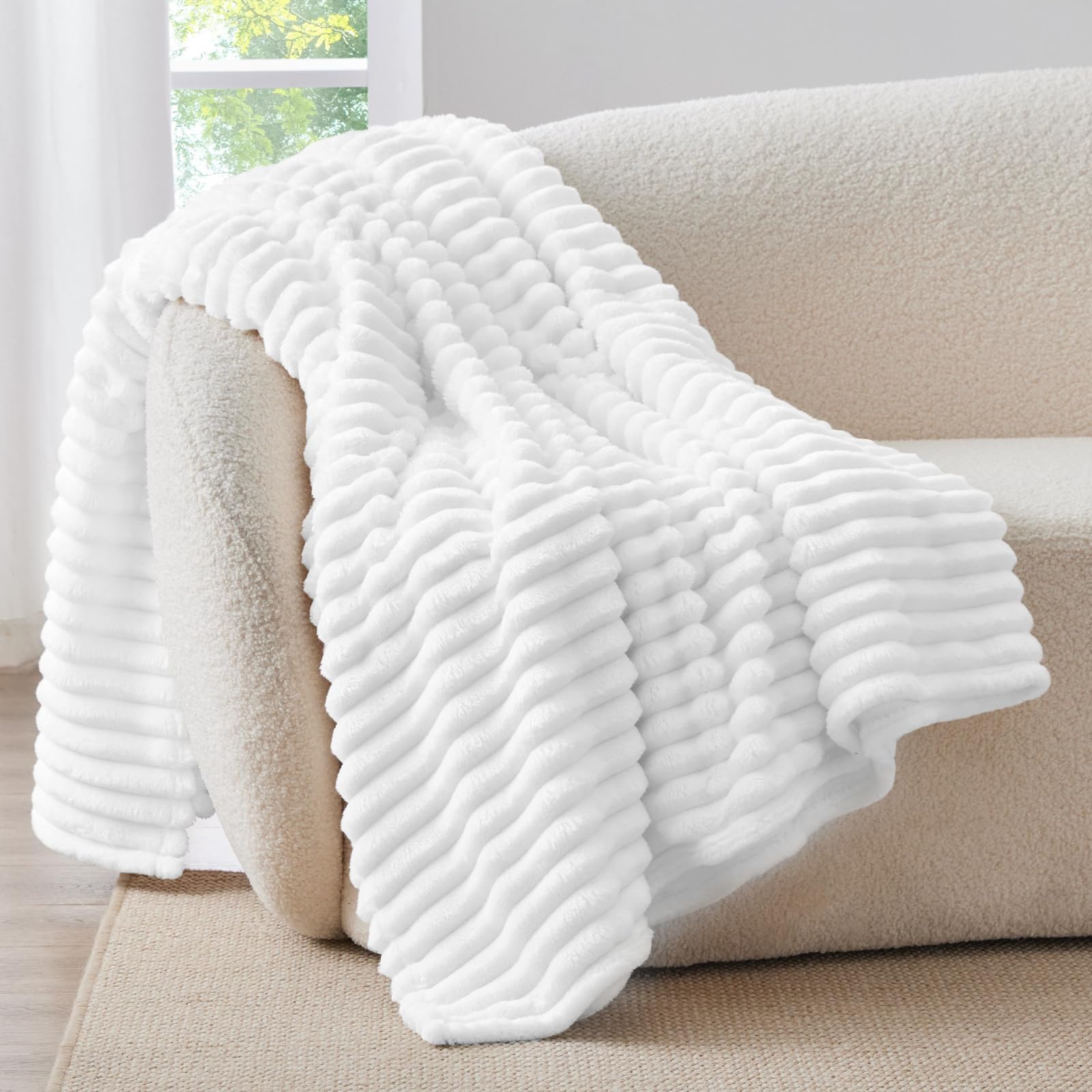 BEDELITE Fluffy Fleece Throw Blanket, Striped Decorative Soft Warm Gift for Sofa Bed Couch, Twin Size, Bright White