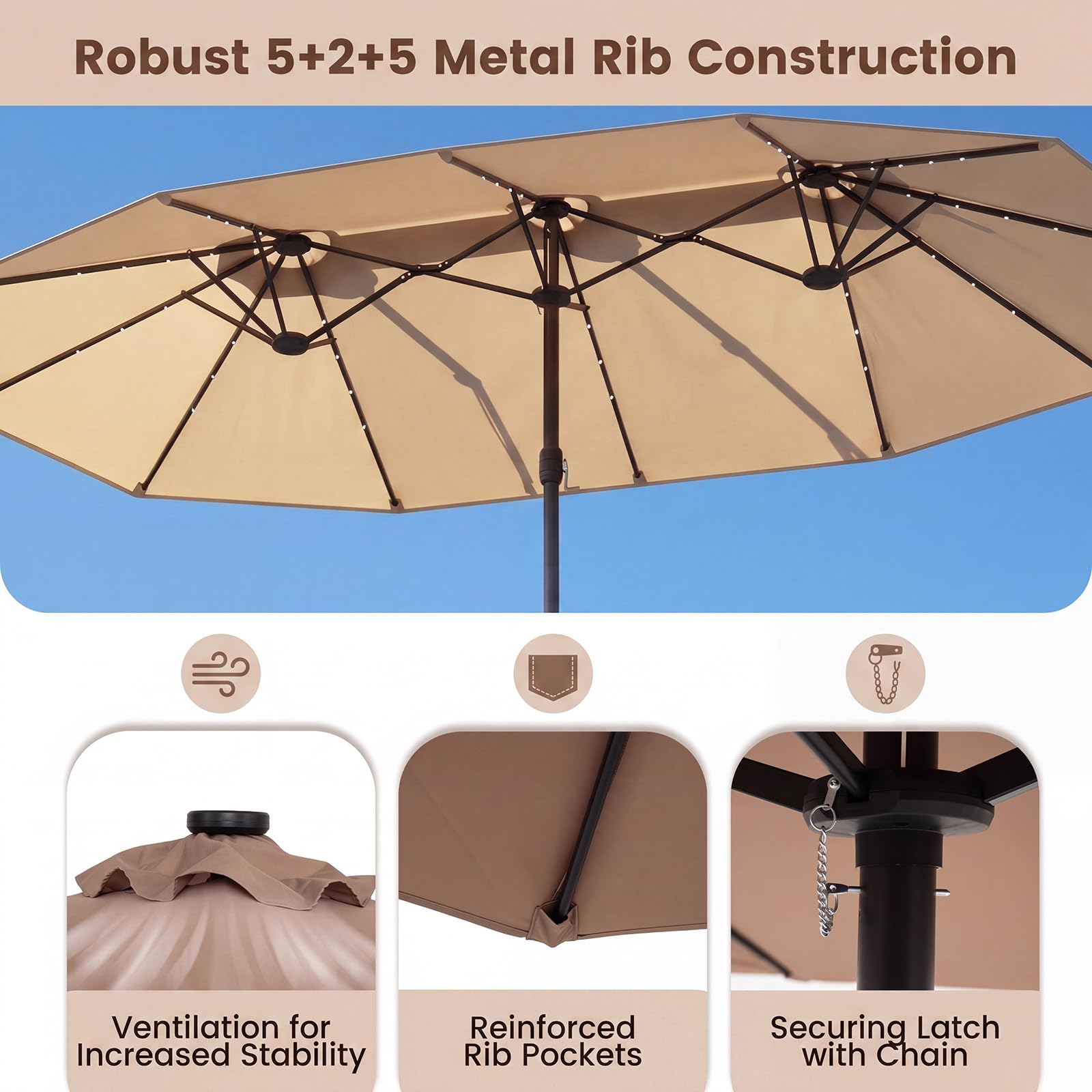 GOPLUS Parasol de Jardin Exterieur avec Pied, 4,7x2,8M Grand Parasol Double Face avec LED Solaires, Manivelle, 12 Baleines, Protection Solaire, pour Terrasse Patio Marché, Beige