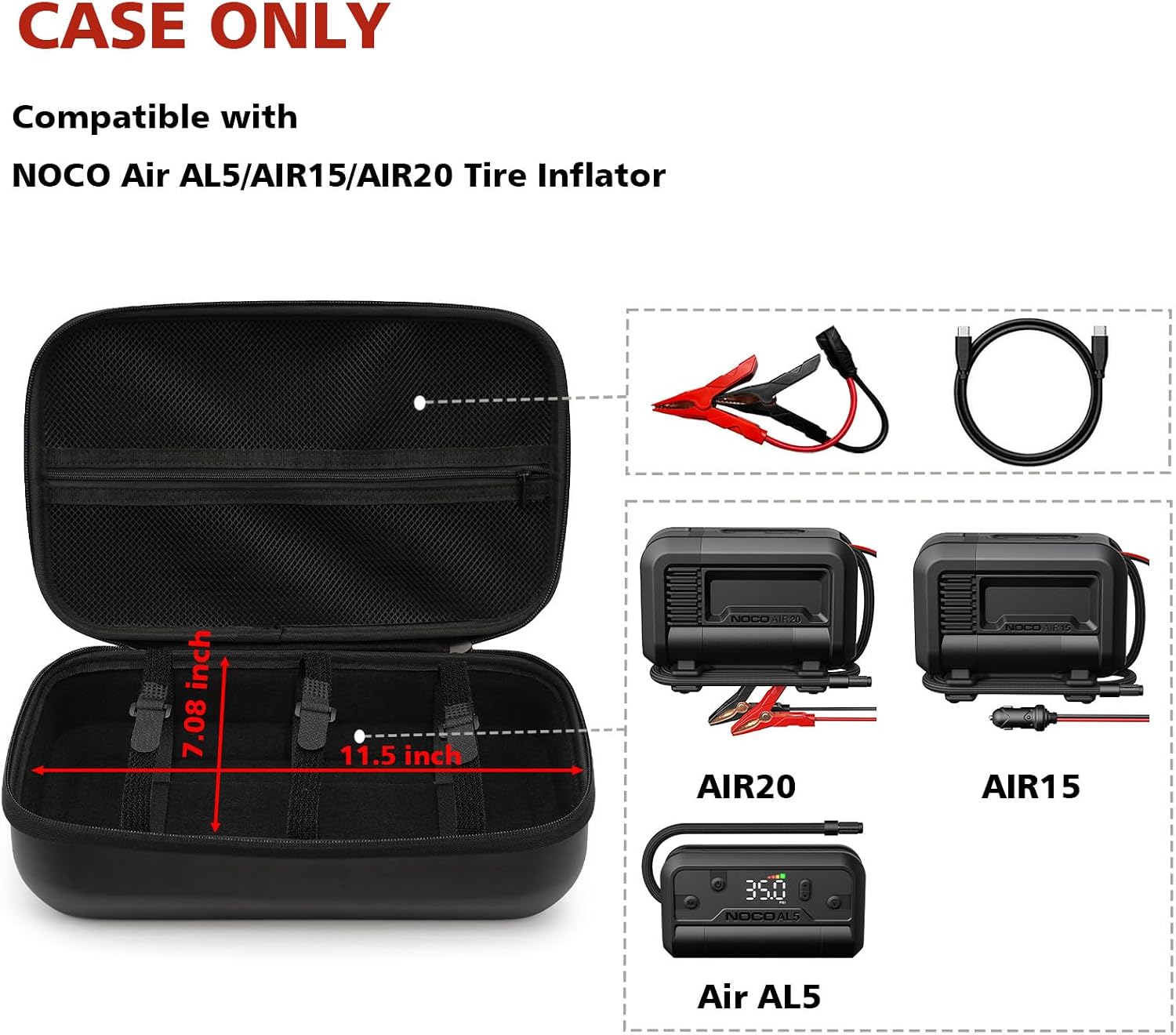 Storage Case Compatible with NOCO AIR10/AIR15/AIR20 Tire Inflator, Portable Air Compressor Pump Bag with Zipper Mesh Pocket and Adjustable Strap(CASE ONLY)