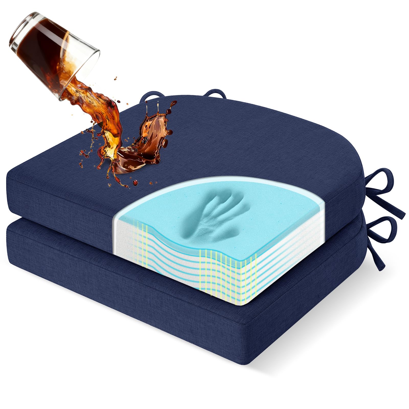 downluxe Chair Cushions for Dining Chairs, Memory Foam Linen Kitchen Chair Pads with Ties, Waterproof, Stain-Resistant and Washable Cover, 17" x 16" x 2.5", Blue, 2 Pack
