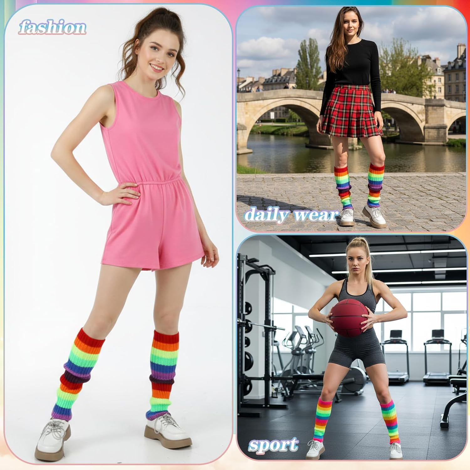 Teaaha Rainbow Leg Warmers for Women, Knit Legwarmers 80s Style Neon Accessories for Girls, Plus Size Multicolored Polyester Colorful Fur Leg Warmers - Image 7